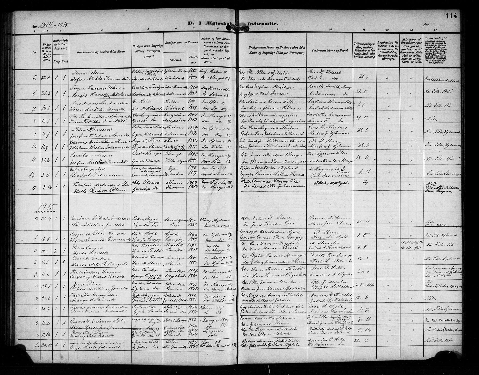 Manger sokneprestembete, SAB/A-76801/H/Hab: Parish register (copy) no. A 2, 1902-1923, p. 114