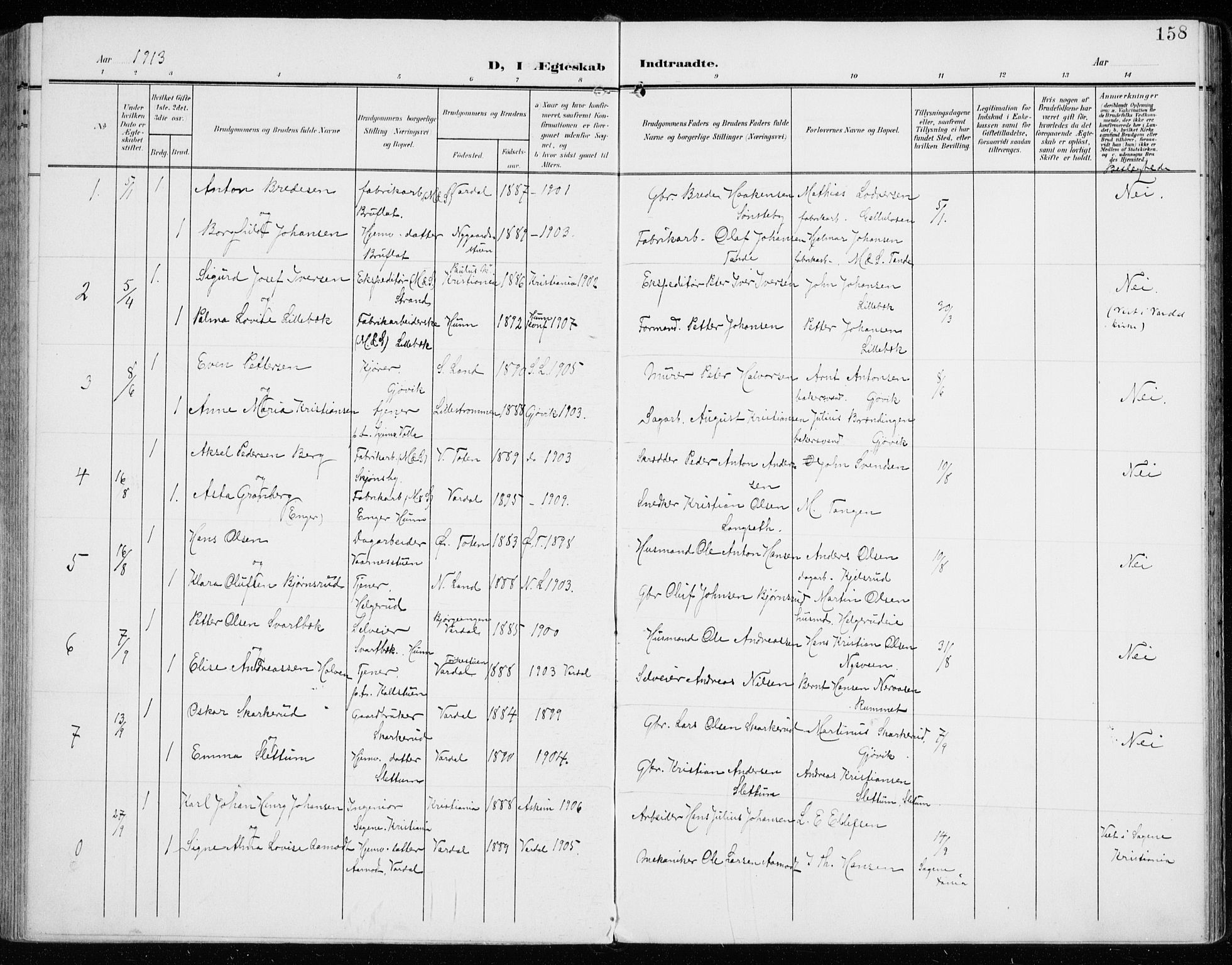 Vardal prestekontor, SAH/PREST-100/H/Ha/Haa/L0016: Parish register (official) no. 16, 1904-1916, p. 158