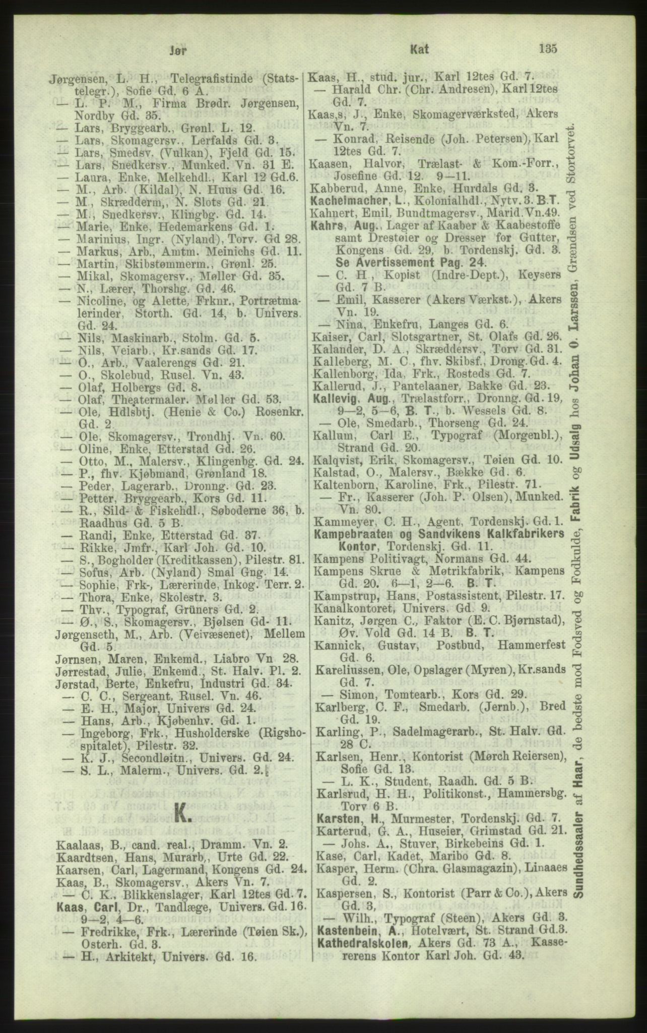 Kristiania/Oslo adressebok, PUBL/-, 1884, p. 135