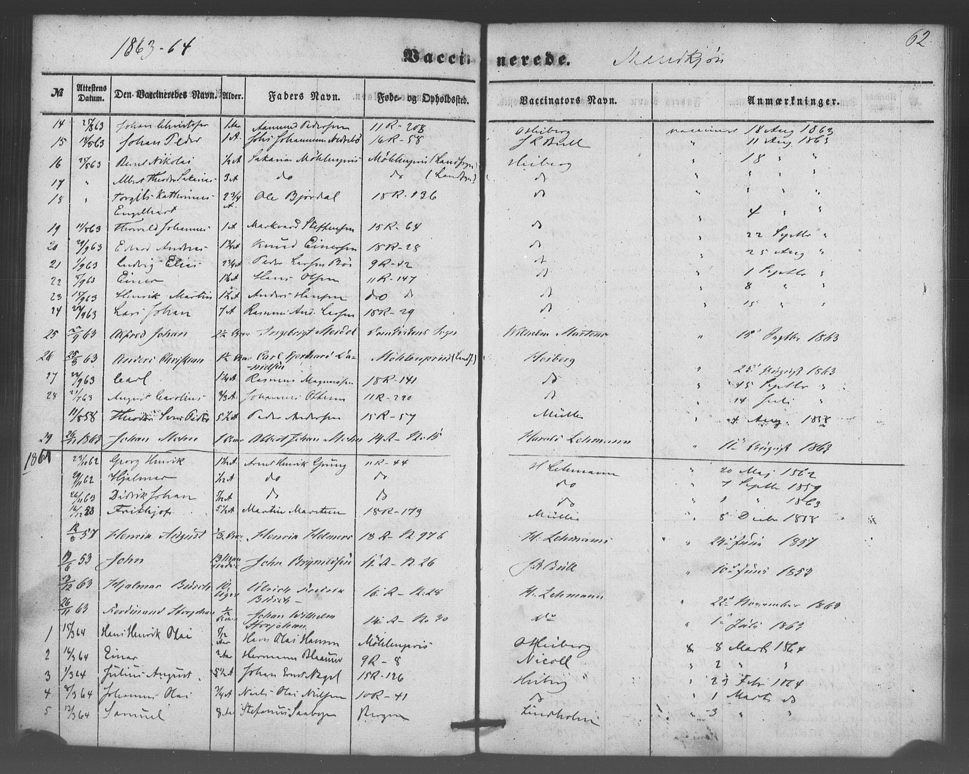 Domkirken sokneprestembete, SAB/A-74801/H/Haa/L0047: Parish register (official) no. F 2, 1852-1868, p. 62