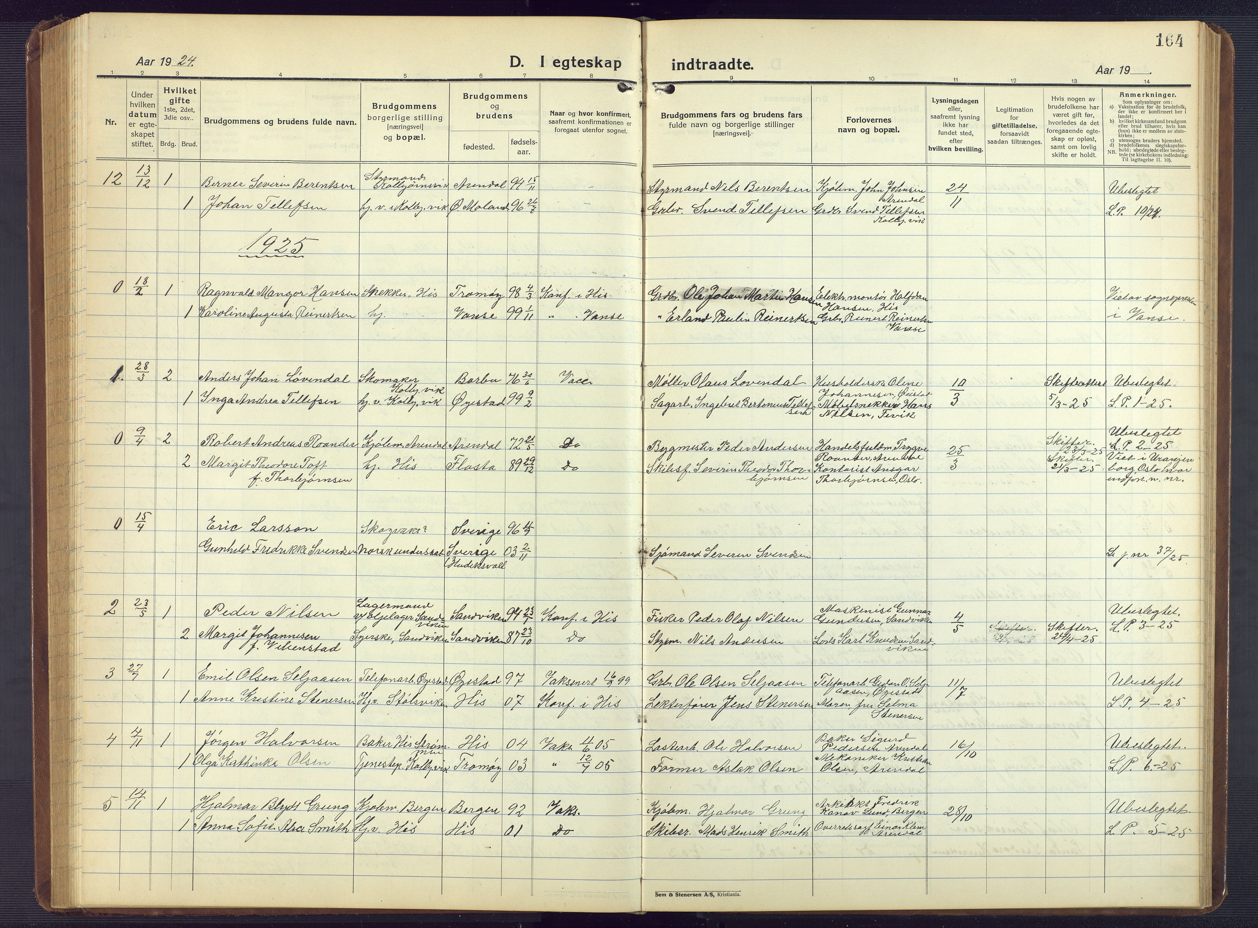 Hisøy sokneprestkontor, SAK/1111-0020/F/Fb/L0005: Parish register (copy) no. B 5, 1924-1946, p. 164