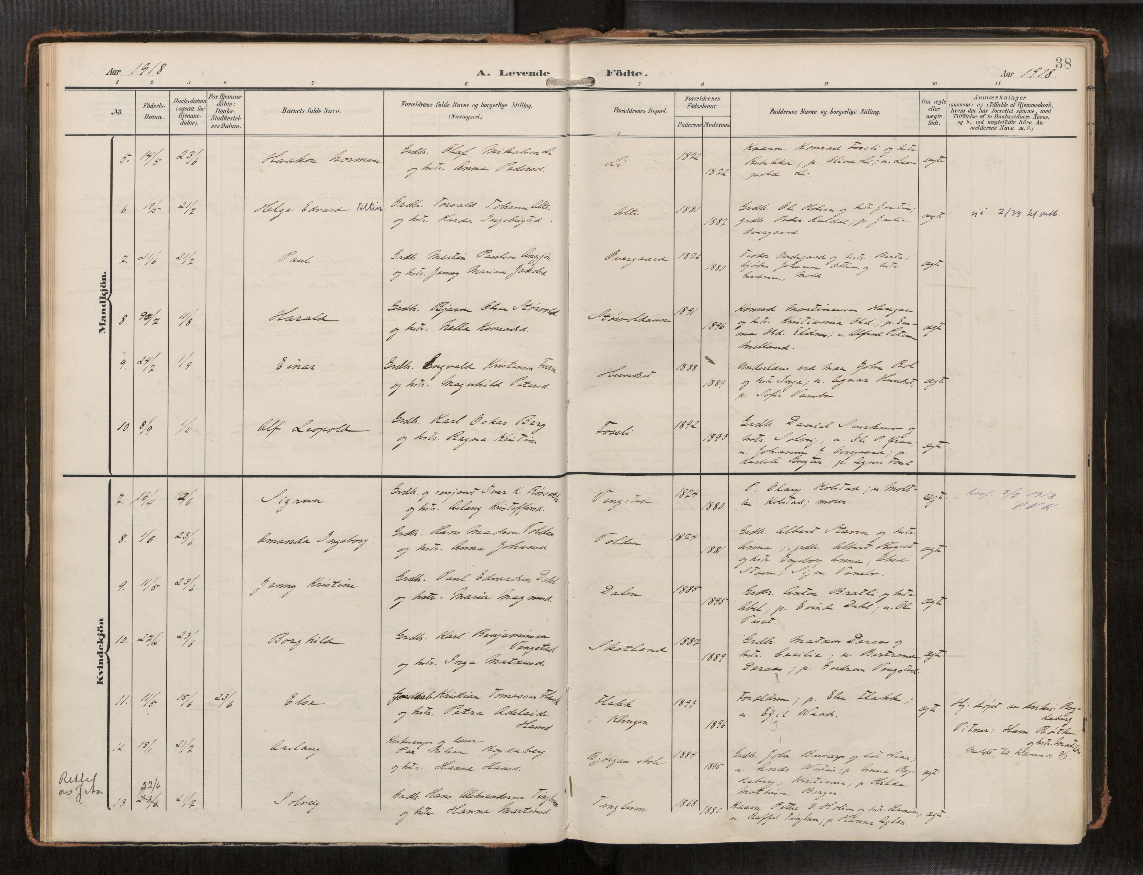 Ministerialprotokoller, klokkerbøker og fødselsregistre - Nord-Trøndelag, AV/SAT-A-1458/742/L0409a: Parish register (official) no. 742A03, 1906-1924, p. 38