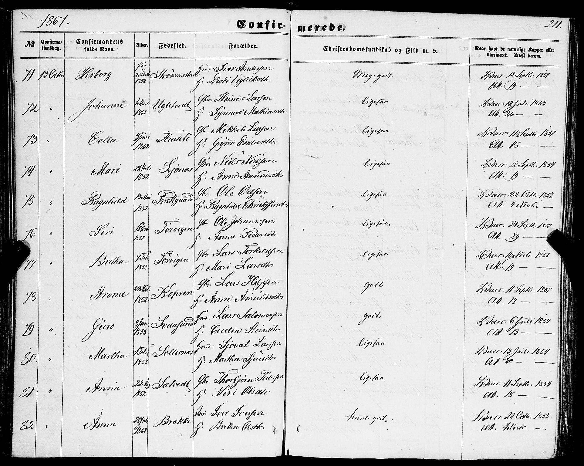 Strandebarm sokneprestembete, AV/SAB-A-78401/H/Haa: Parish register (official) no. A 8, 1858-1872, p. 211