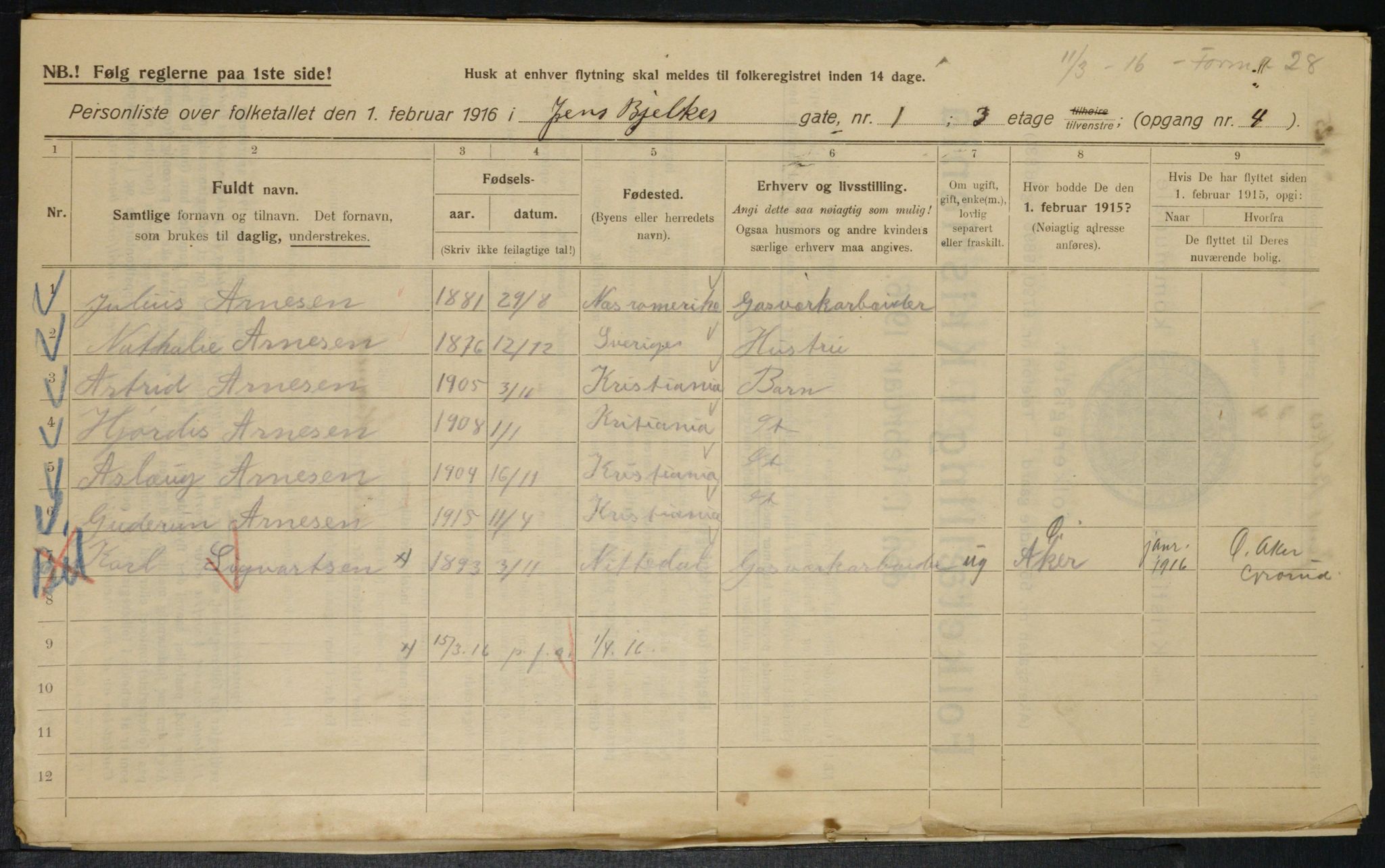 OBA, Municipal Census 1916 for Kristiania, 1916, p. 46539