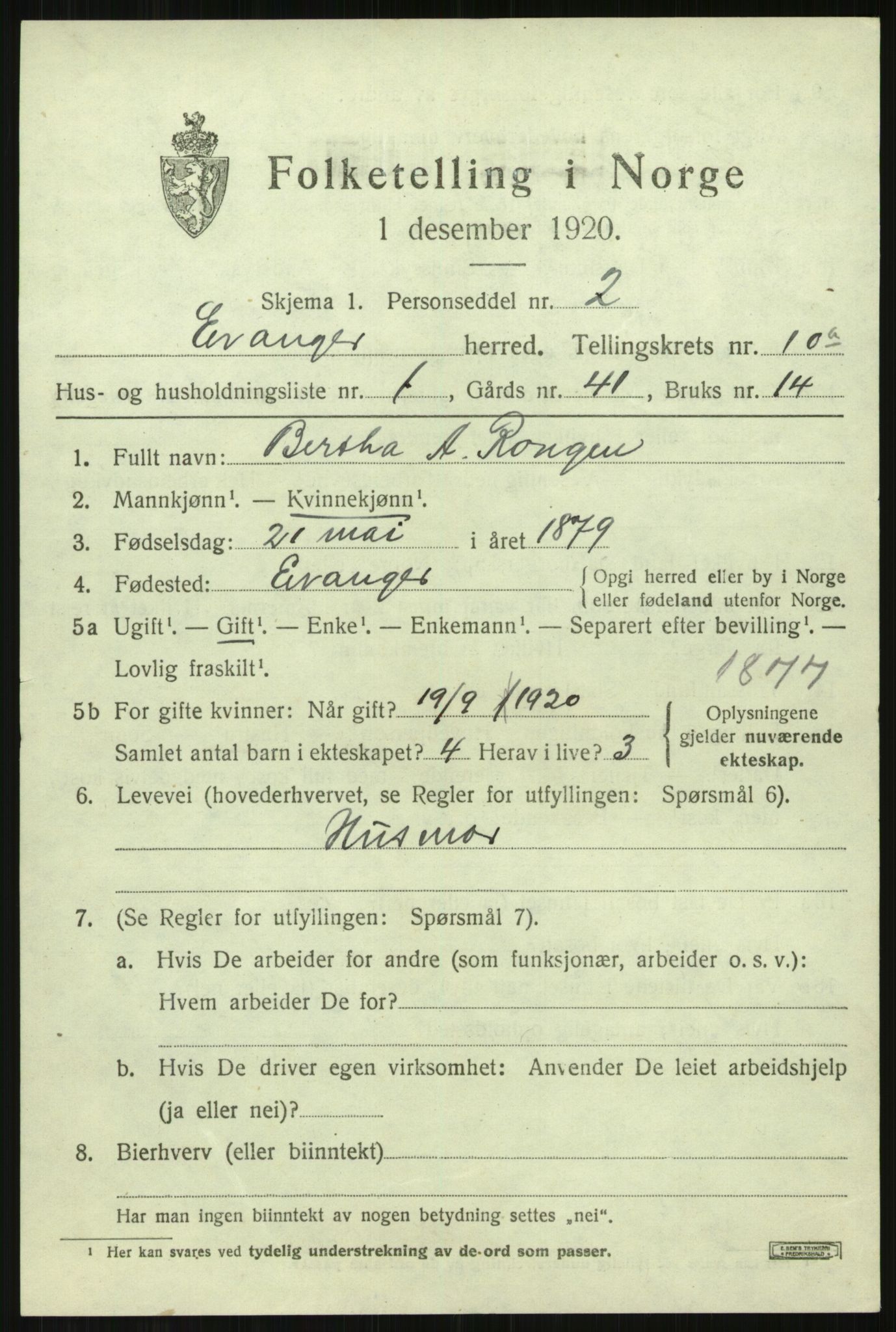 SAB, 1920 census for Evanger, 1920, p. 3025