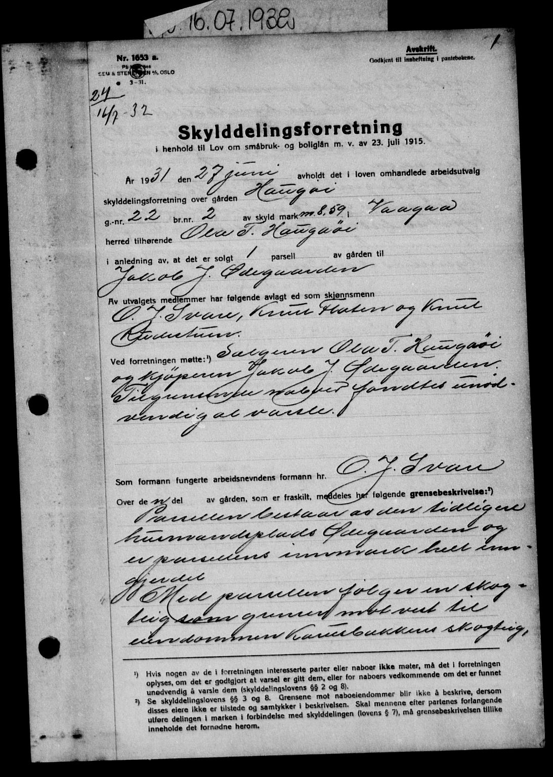 Nord-Gudbrandsdal tingrett, AV/SAH-TING-002/H/Hb/Hba/L0039: Mortgage book no. 39, 1932-1932, p. 1