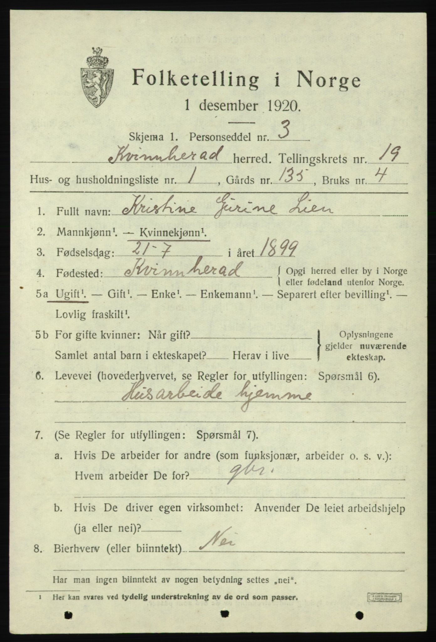 SAB, 1920 census for Kvinnherad, 1920, p. 11890