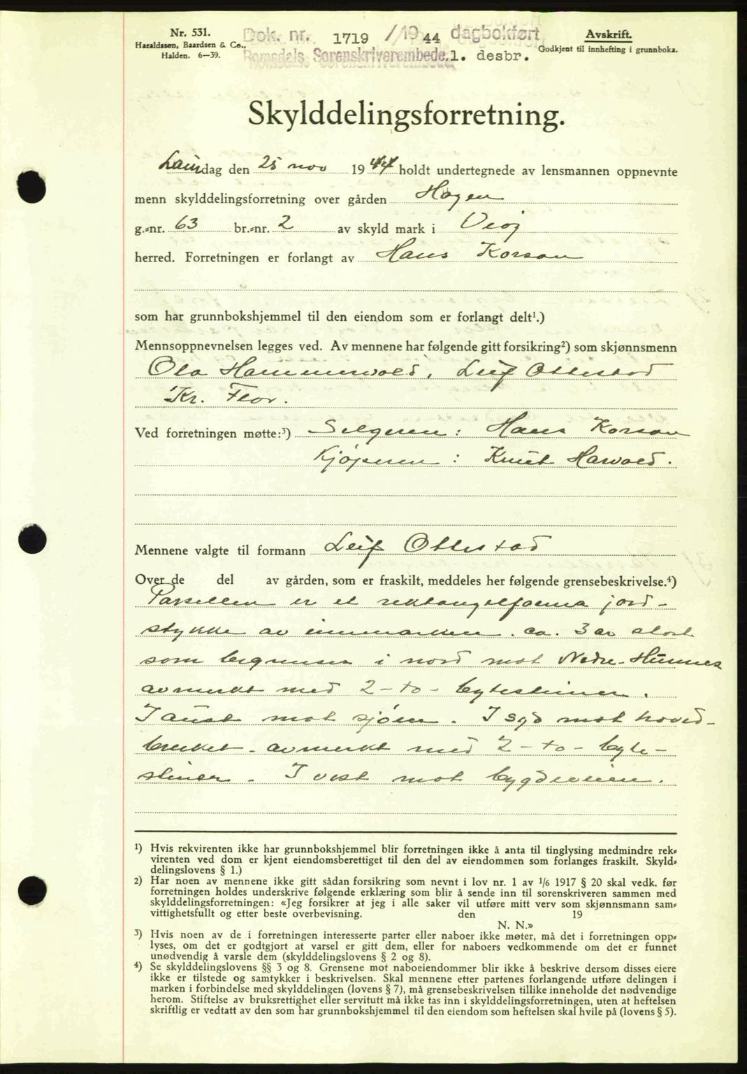 Romsdal sorenskriveri, AV/SAT-A-4149/1/2/2C: Mortgage book no. A17, 1944-1945, Diary no: : 1719/1944