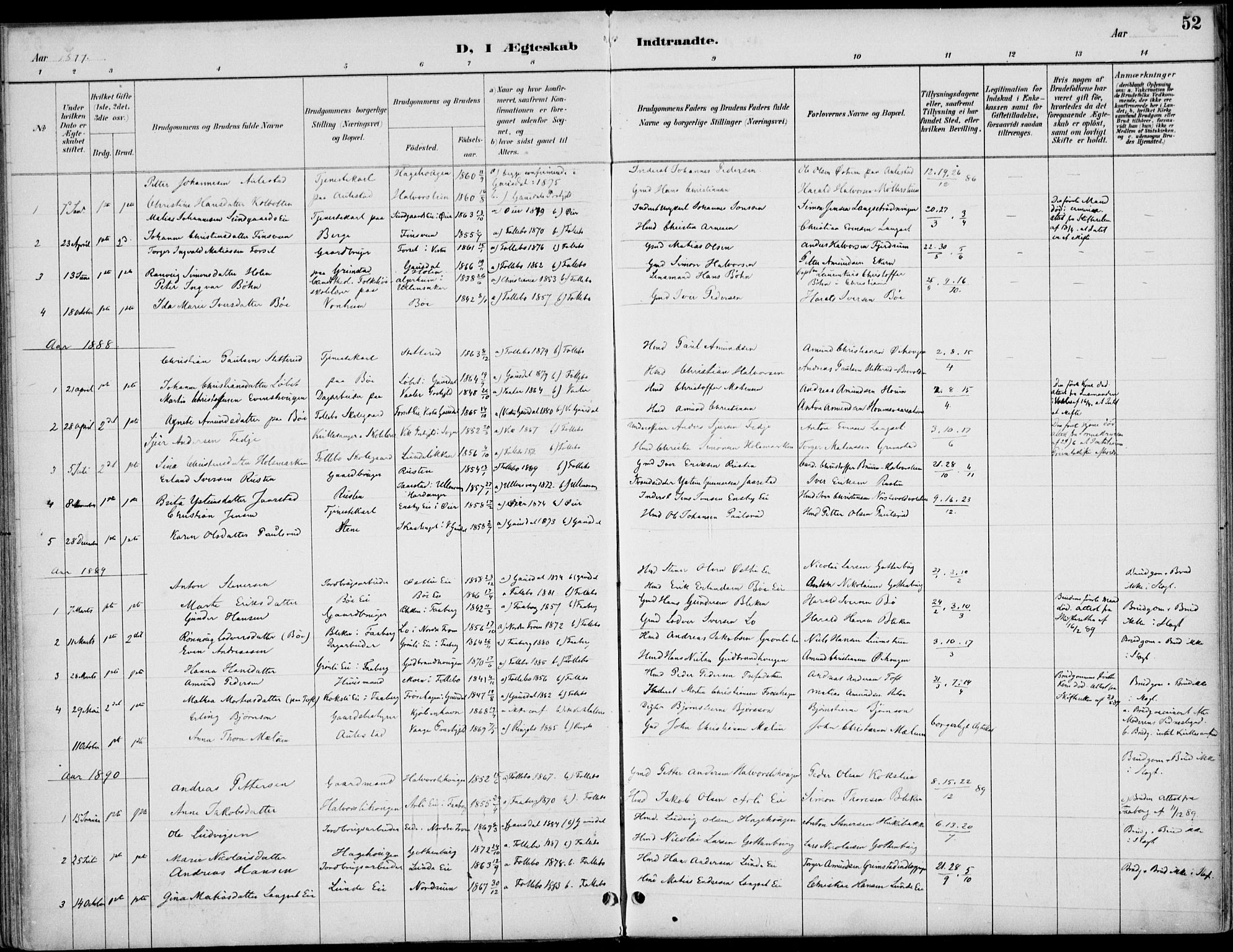 Østre Gausdal prestekontor, AV/SAH-PREST-092/H/Ha/Haa/L0003: Parish register (official) no. 3, 1887-1901, p. 52
