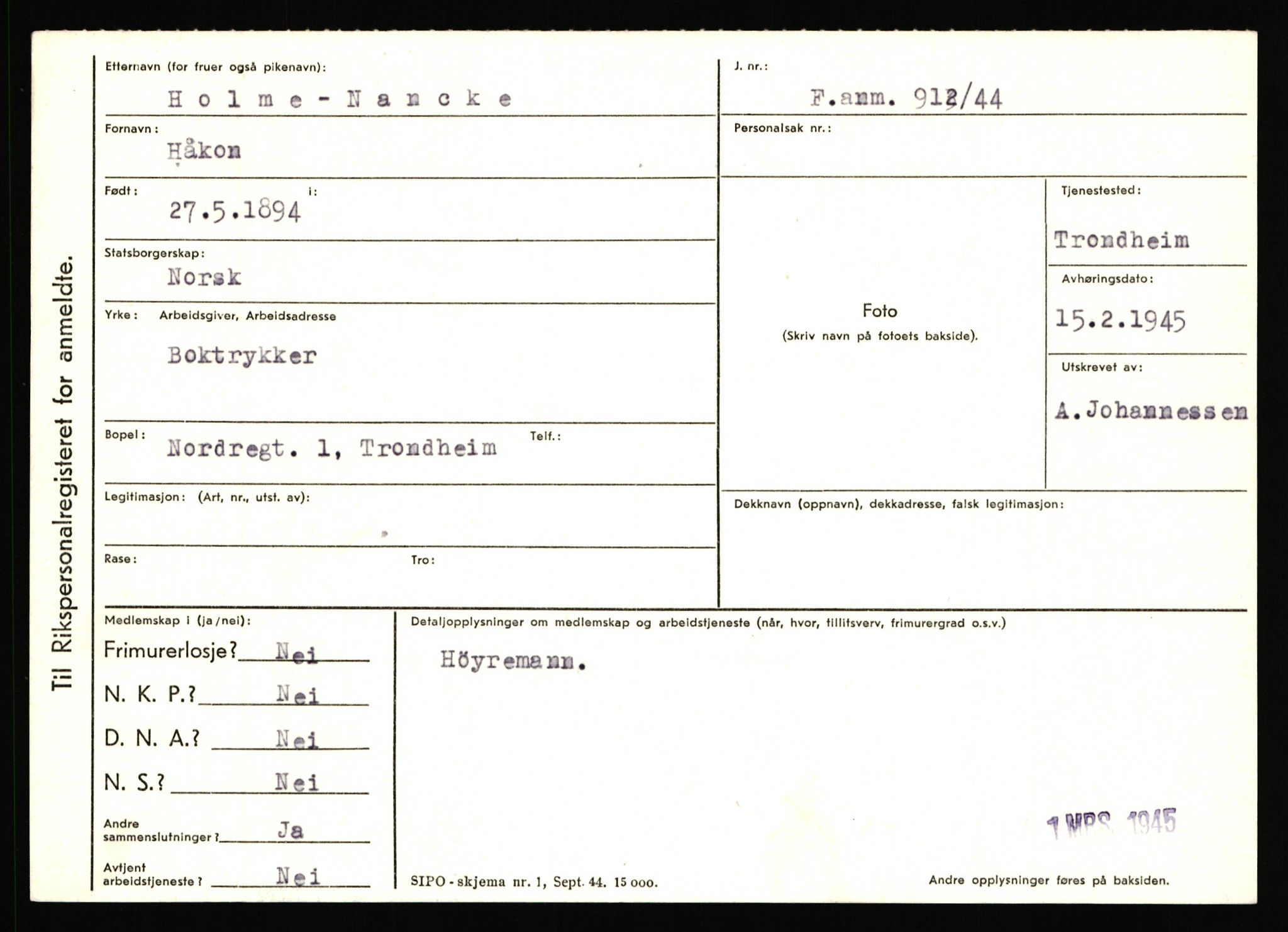 Statspolitiet - Hovedkontoret / Osloavdelingen, AV/RA-S-1329/C/Ca/L0011: Molberg - Nøstvold, 1943-1945, p. 1143