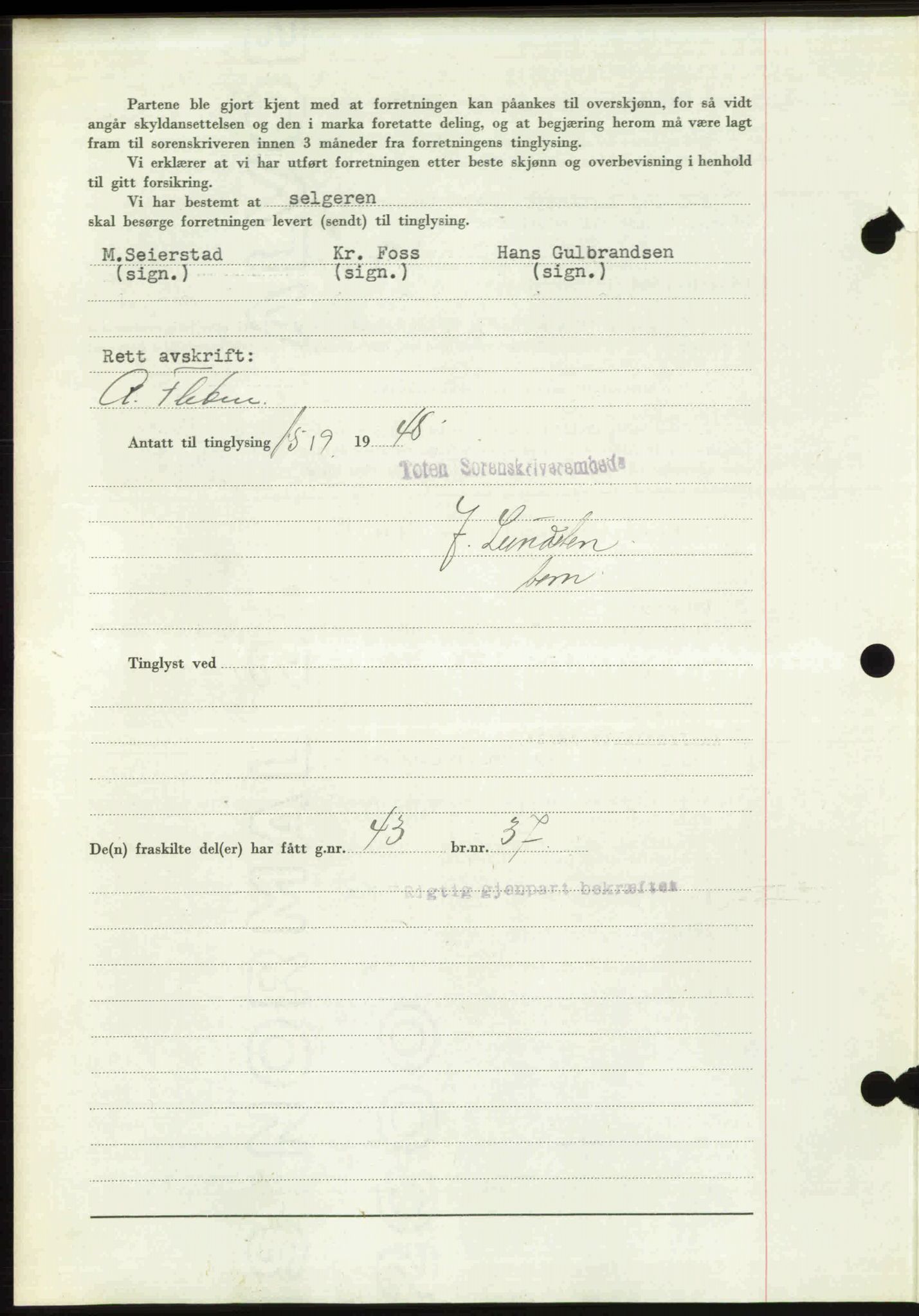 Toten tingrett, SAH/TING-006/H/Hb/Hbc/L0020: Mortgage book no. Hbc-20, 1948-1948, Diary no: : 2974/1948