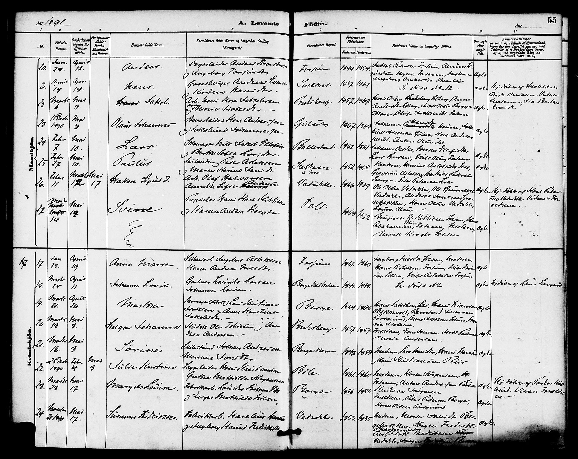 Gjerpen kirkebøker, SAKO/A-265/F/Fa/L0010: Parish register (official) no. I 10, 1886-1895, p. 55