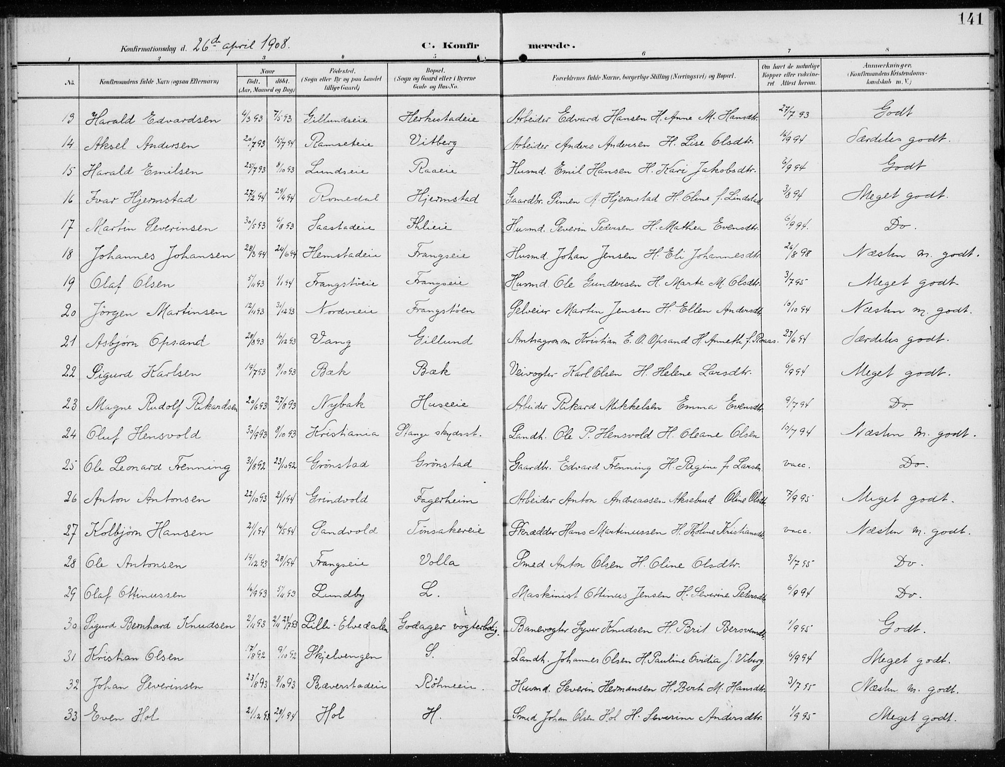 Stange prestekontor, AV/SAH-PREST-002/K/L0024: Parish register (official) no. 24, 1906-1922, p. 141