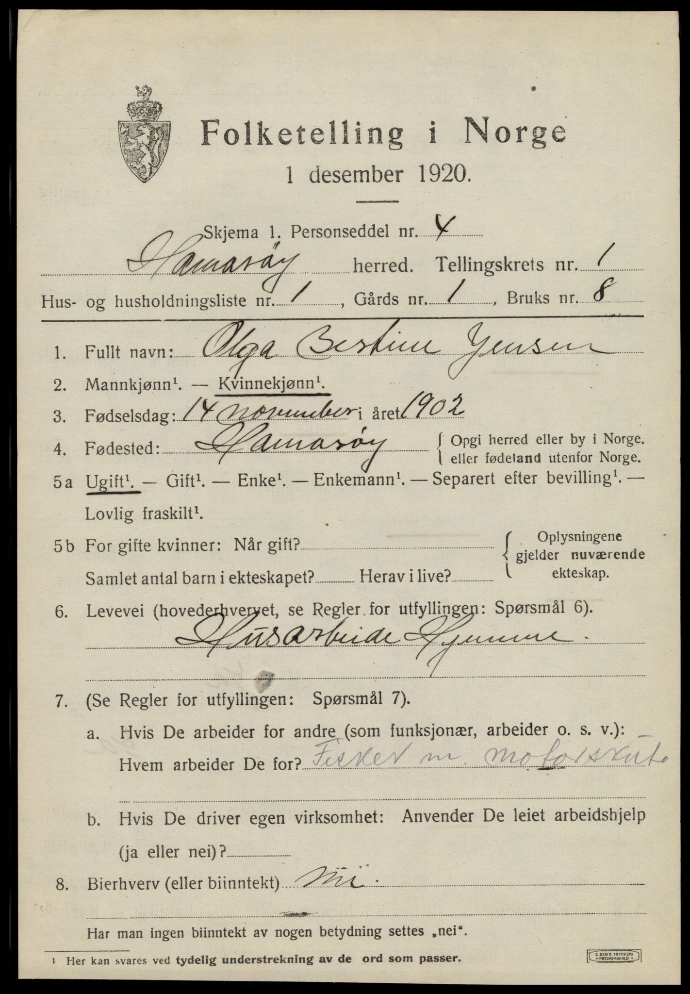 SAT, 1920 census for Hamarøy, 1920, p. 1184