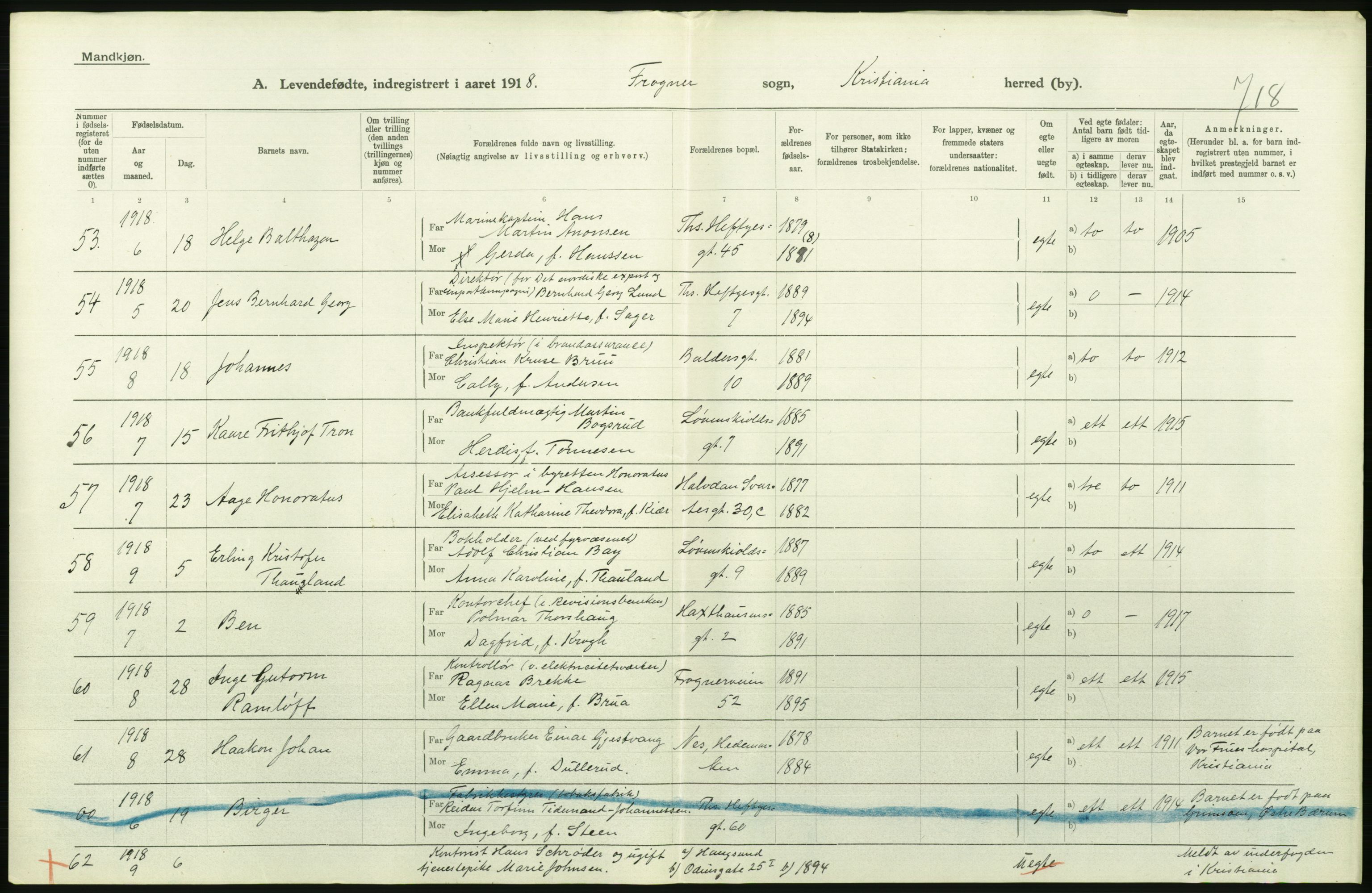 Statistisk sentralbyrå, Sosiodemografiske emner, Befolkning, AV/RA-S-2228/D/Df/Dfb/Dfbh/L0008: Kristiania: Levendefødte menn og kvinner., 1918, p. 694