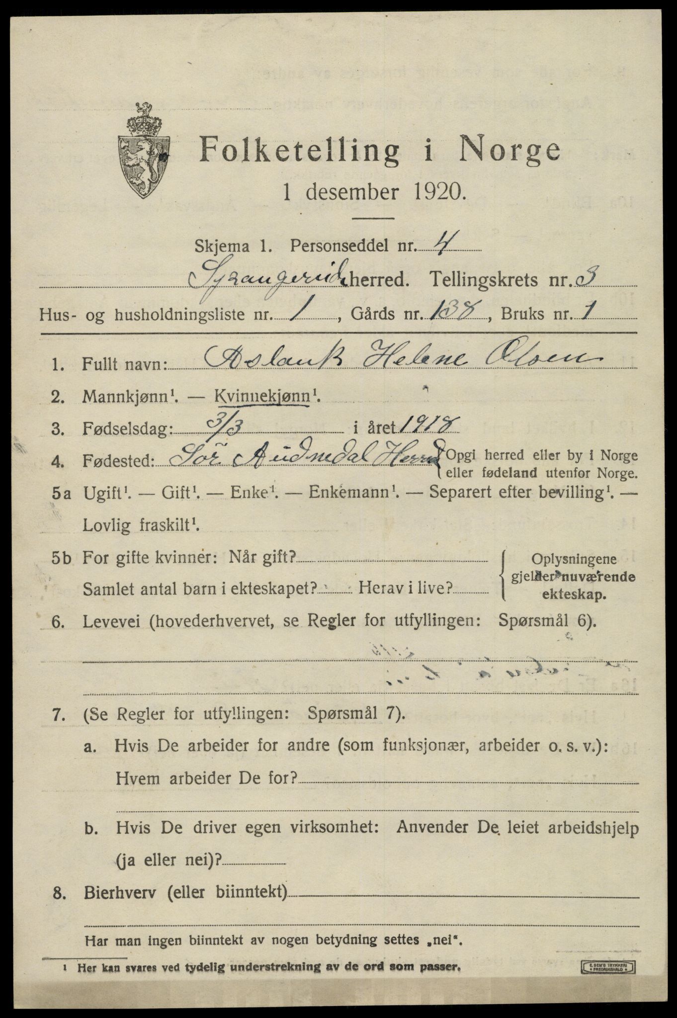 SAK, 1920 census for Spangereid, 1920, p. 1441