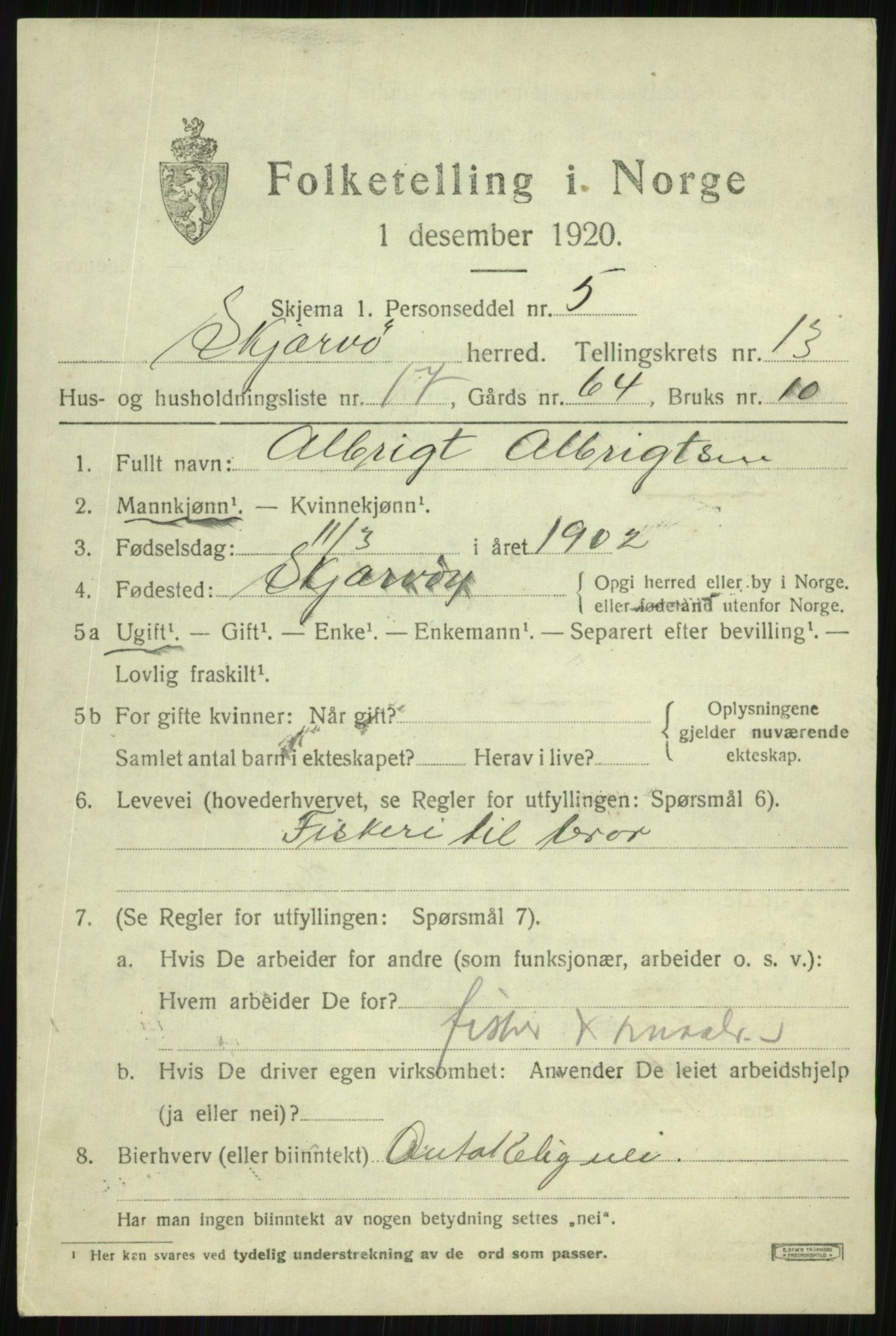 SATØ, 1920 census for Skjervøy, 1920, p. 6607