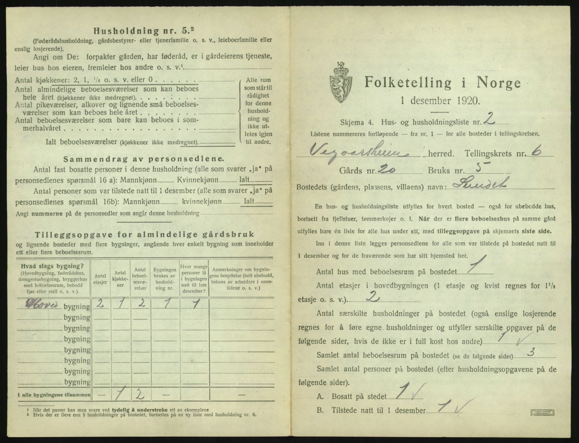 SAK, 1920 census for Vegårshei, 1920, p. 306