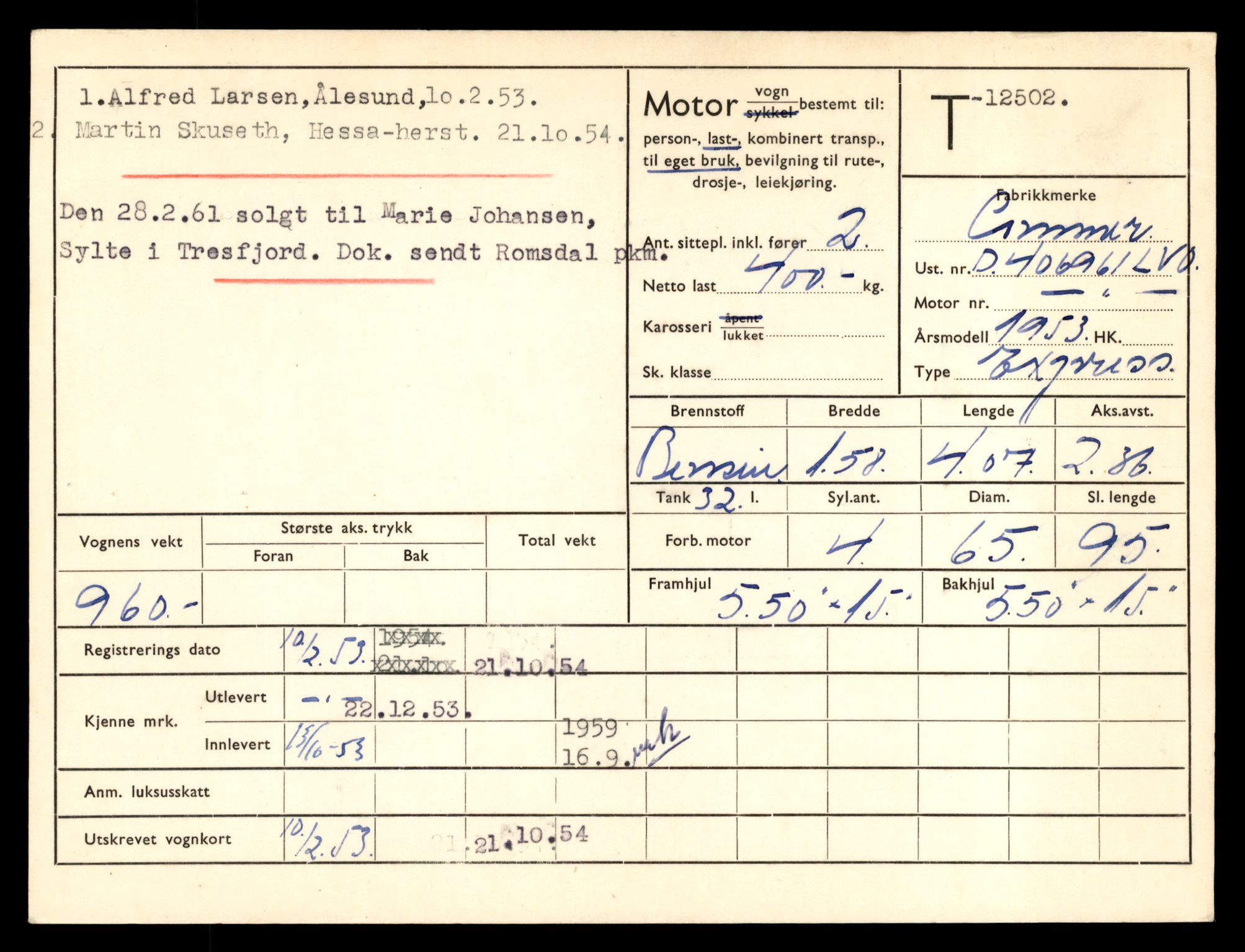 Møre og Romsdal vegkontor - Ålesund trafikkstasjon, AV/SAT-A-4099/F/Fe/L0034: Registreringskort for kjøretøy T 12500 - T 12652, 1927-1998, p. 49