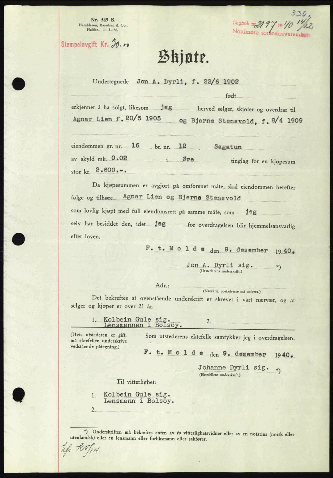 Nordmøre sorenskriveri, SAT/A-4132/1/2/2Ca: Mortgage book no. A89, 1940-1941, Diary no: : 2197/1940