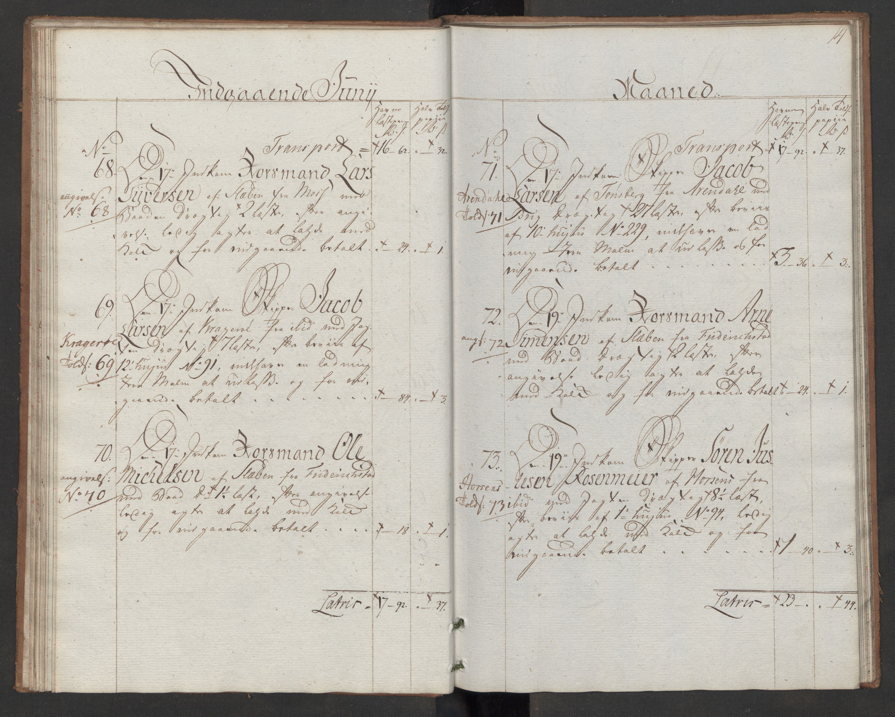 Generaltollkammeret, tollregnskaper, AV/RA-EA-5490/R06/L0165/0002: Tollregnskaper Kristiania / Inngående hovedtollbok Slependen, 1786, p. 13b-14a