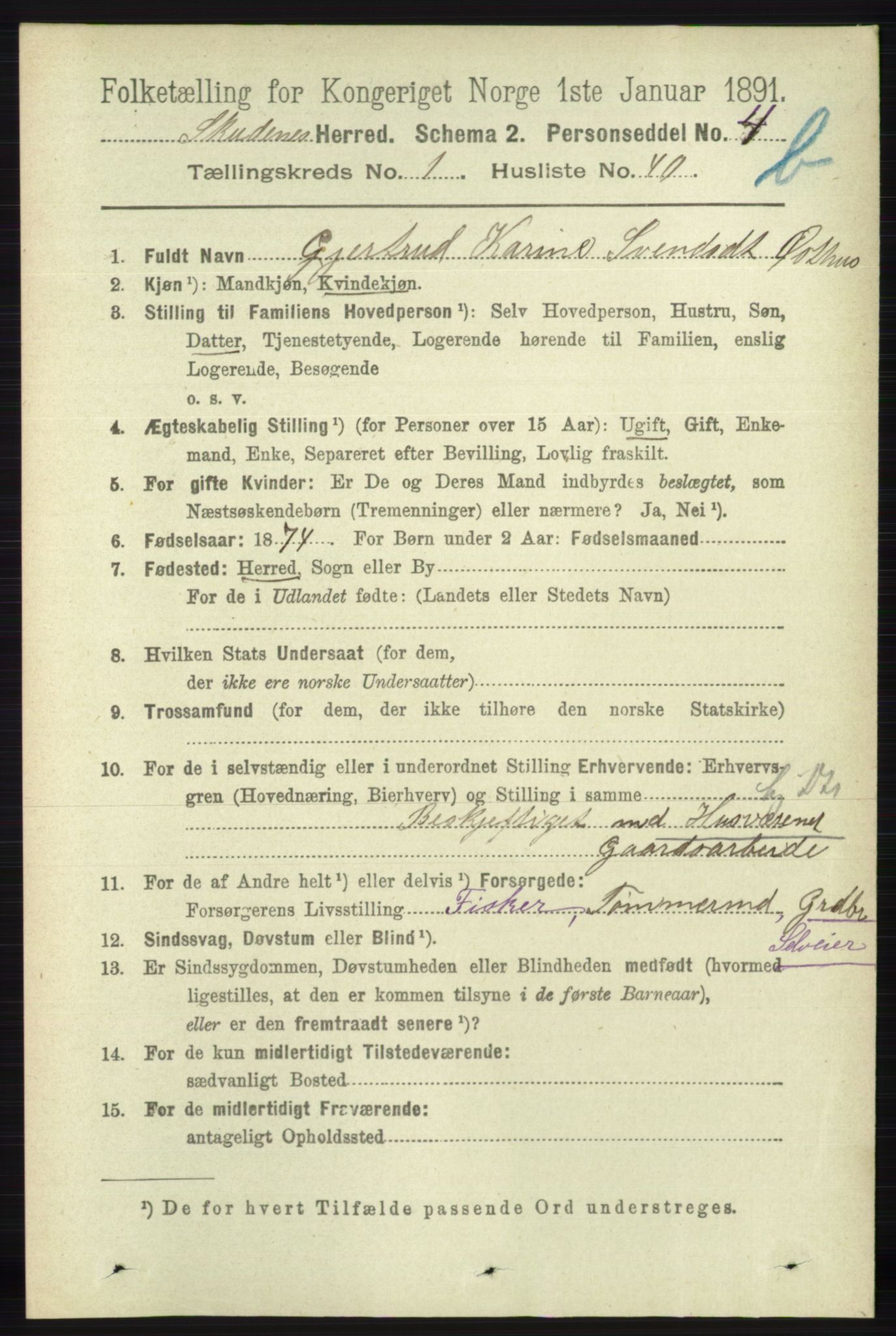 RA, 1891 census for 1150 Skudenes, 1891, p. 3629