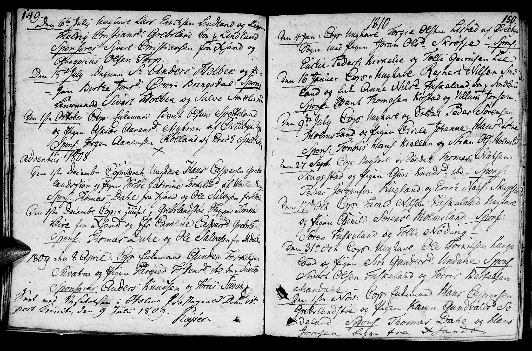 Holum sokneprestkontor, SAK/1111-0022/F/Fa/Faa/L0003: Parish register (official) no. A 3, 1780-1821, p. 149-150