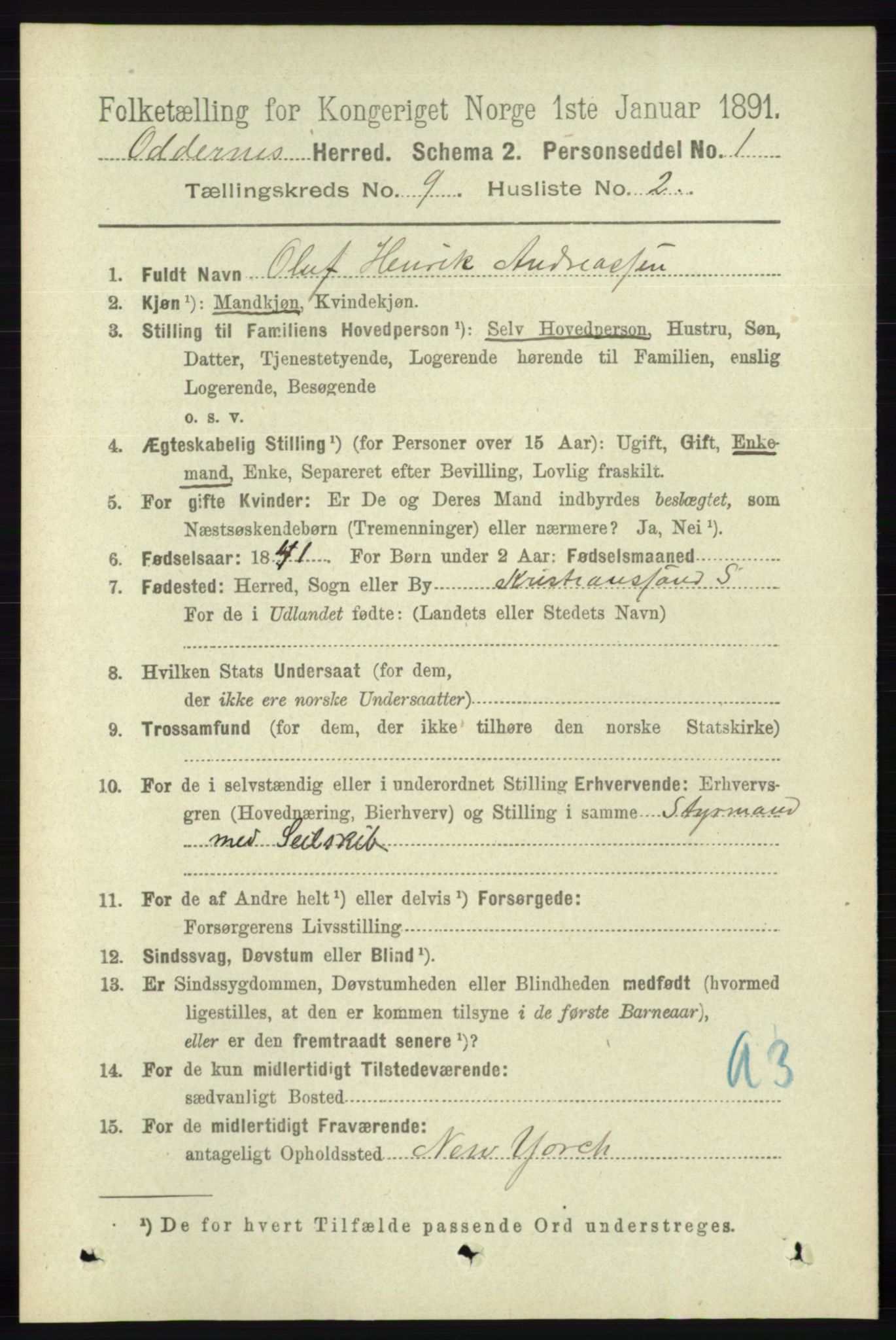 RA, 1891 census for 1012 Oddernes, 1891, p. 3268