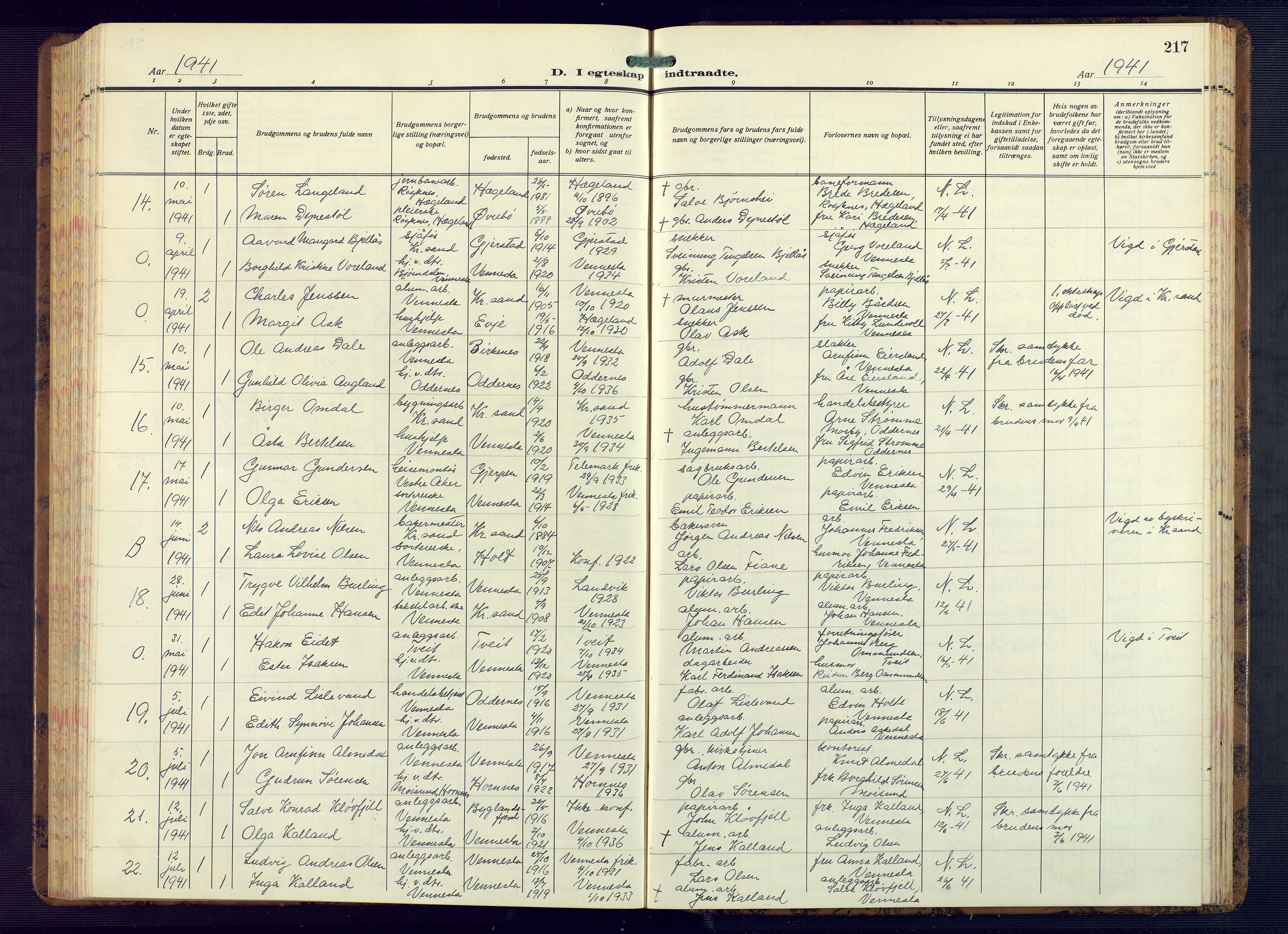 Vennesla sokneprestkontor, AV/SAK-1111-0045/Fb/Fbb/L0008: Parish register (copy) no. B 8, 1934-1947, p. 217