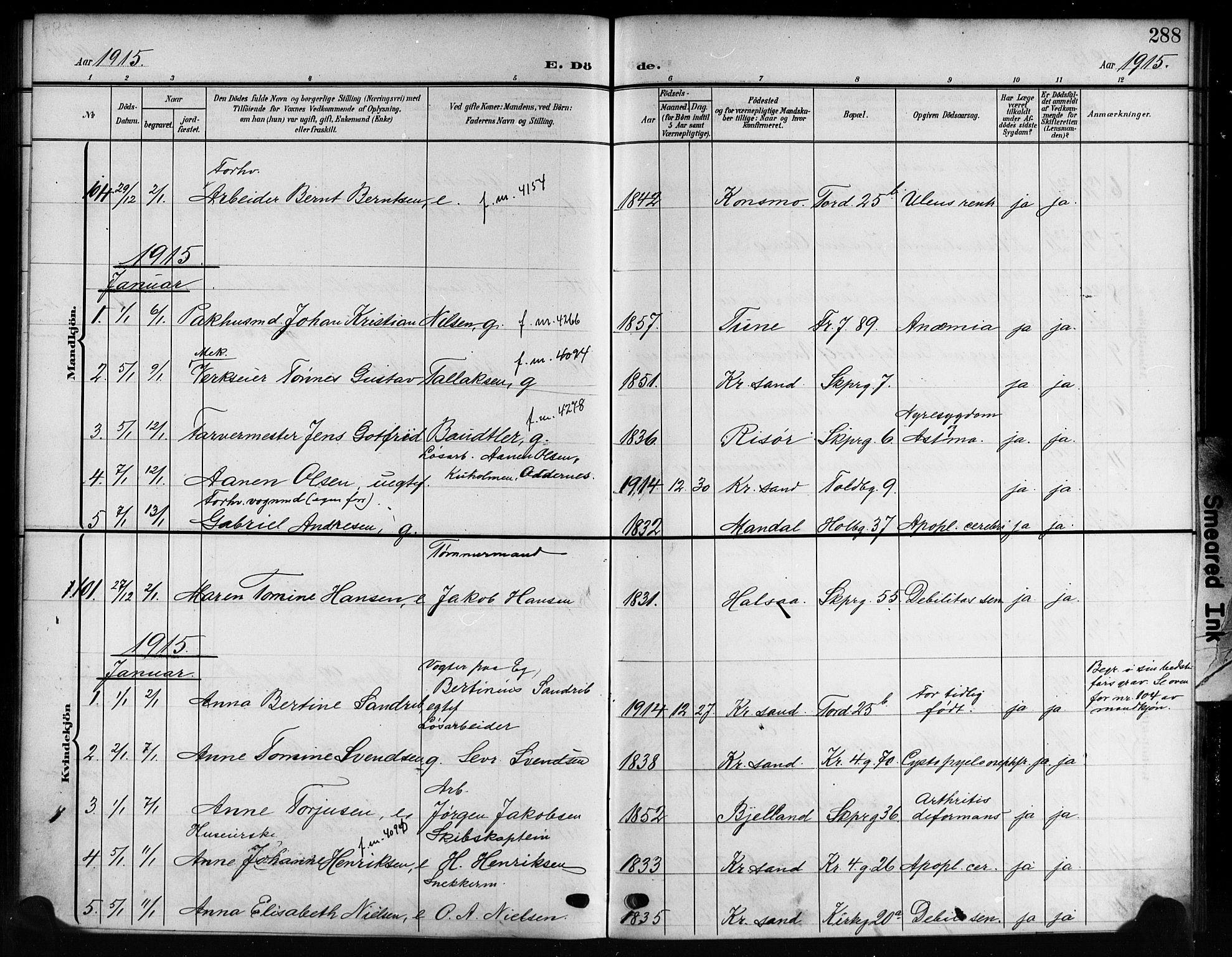 Kristiansand domprosti, SAK/1112-0006/F/Fb/L0020: Parish register (copy) no. B 20, 1906-1915, p. 288