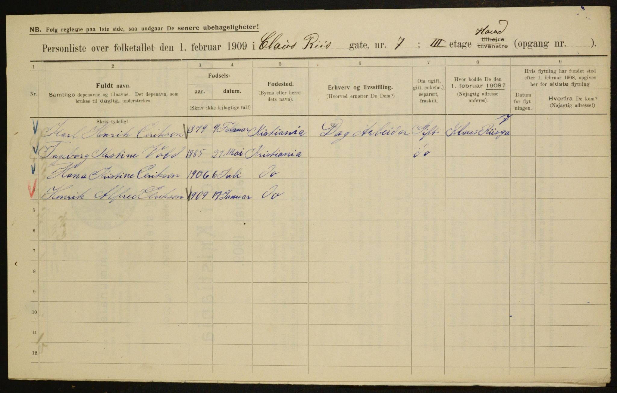 OBA, Municipal Census 1909 for Kristiania, 1909, p. 11565