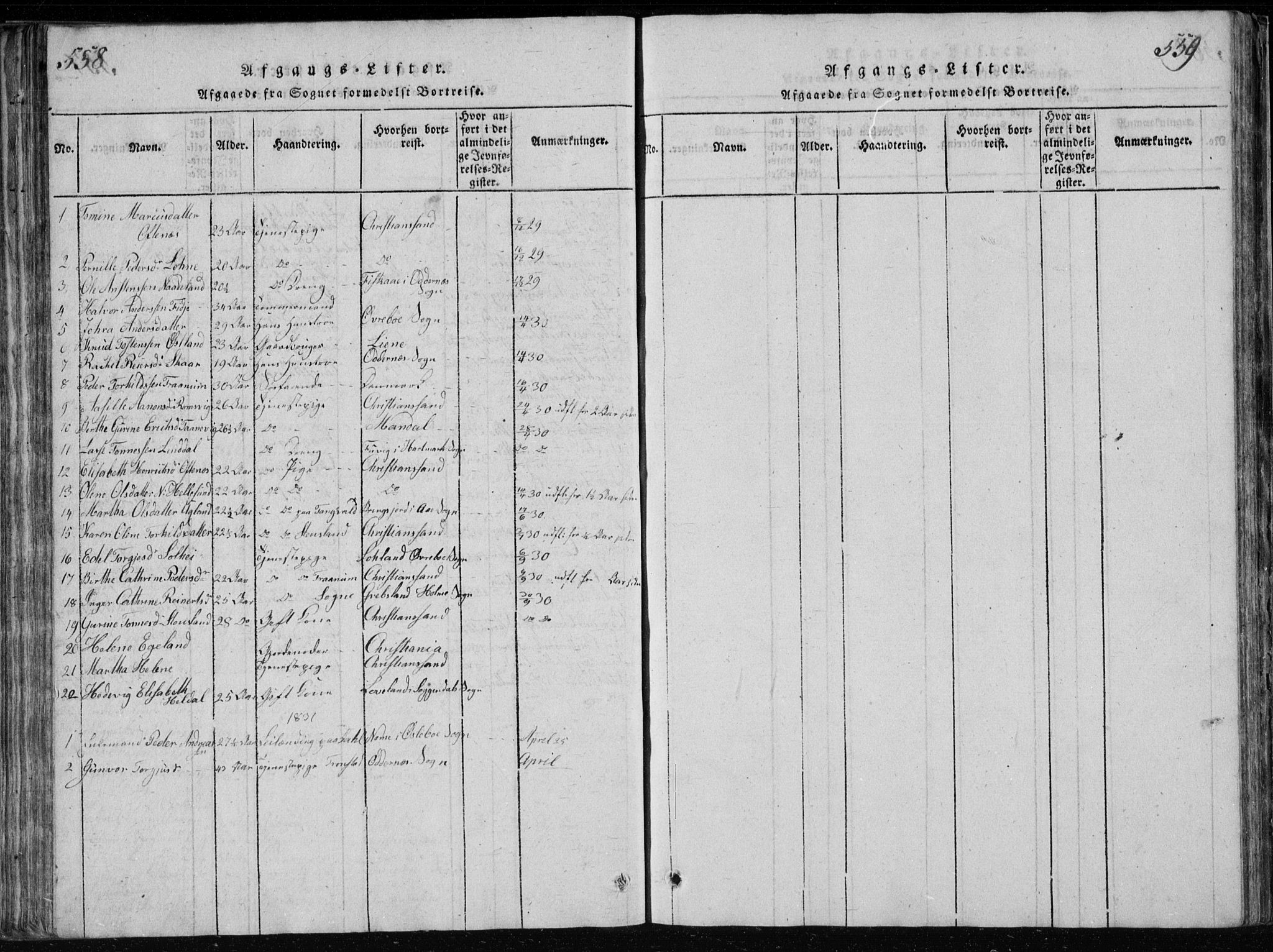 Søgne sokneprestkontor, SAK/1111-0037/F/Fb/Fbb/L0002: Parish register (copy) no. B 2, 1821-1838, p. 558-559