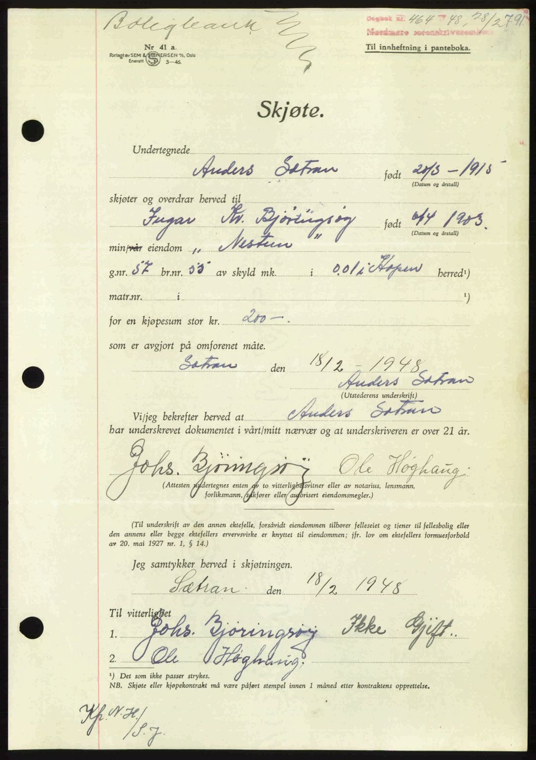 Nordmøre sorenskriveri, AV/SAT-A-4132/1/2/2Ca: Mortgage book no. A107, 1947-1948, Diary no: : 464/1948