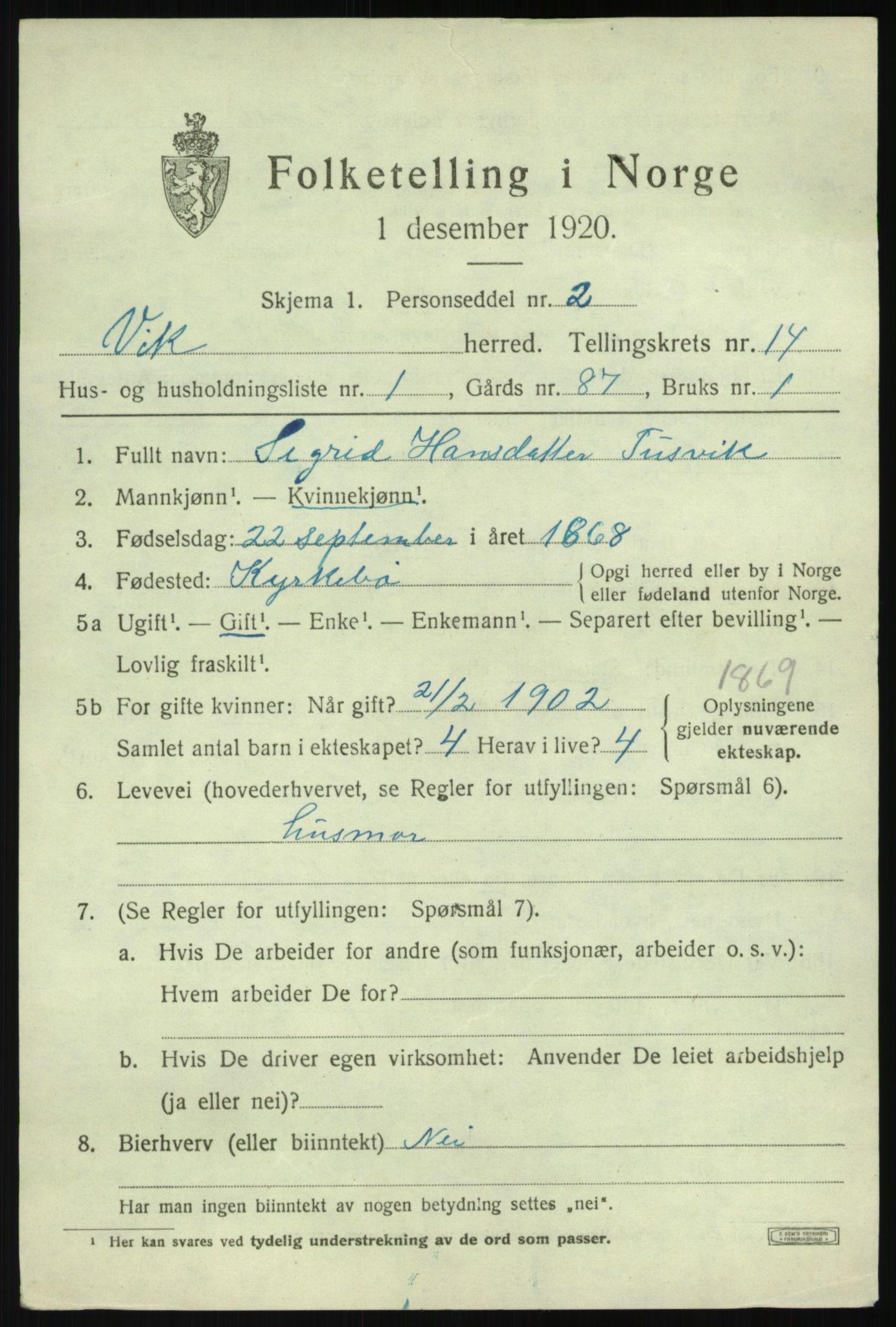 SAB, 1920 census for Vik, 1920, p. 7319