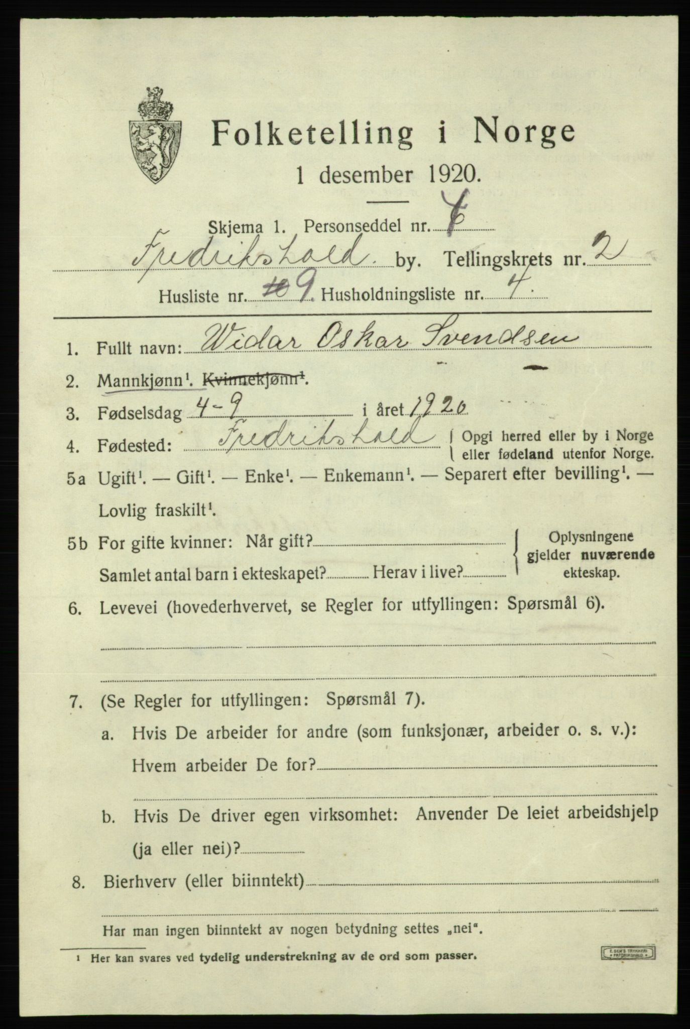 SAO, 1920 census for Fredrikshald, 1920, p. 9436