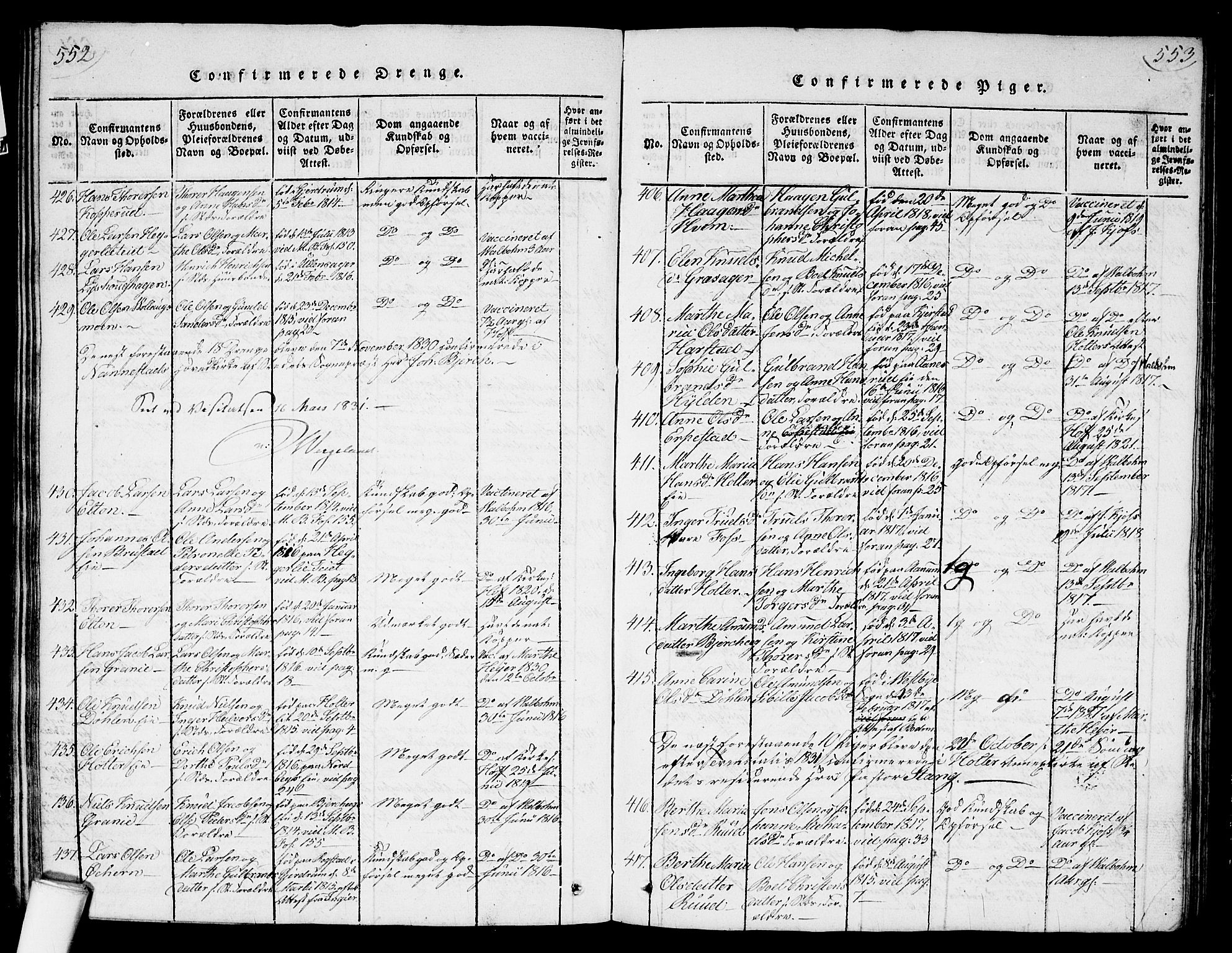 Nannestad prestekontor Kirkebøker, AV/SAO-A-10414a/G/Ga/L0001: Parish register (copy) no. I 1, 1815-1839, p. 552-553