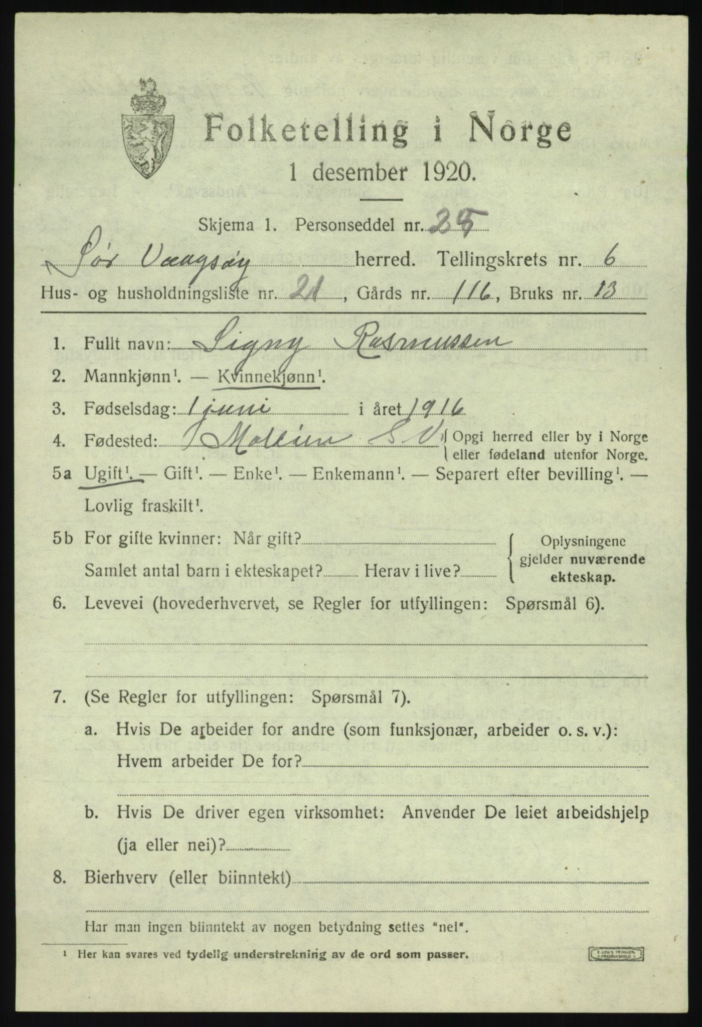 SAB, 1920 census for Sør-Vågsøy, 1920, p. 3698