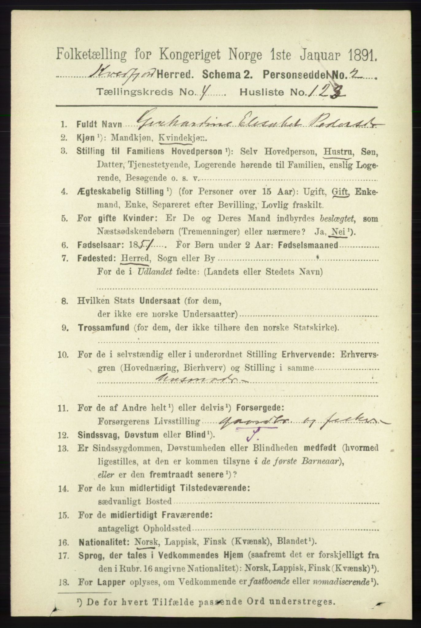 RA, 1891 census for 1911 Kvæfjord, 1891, p. 2670