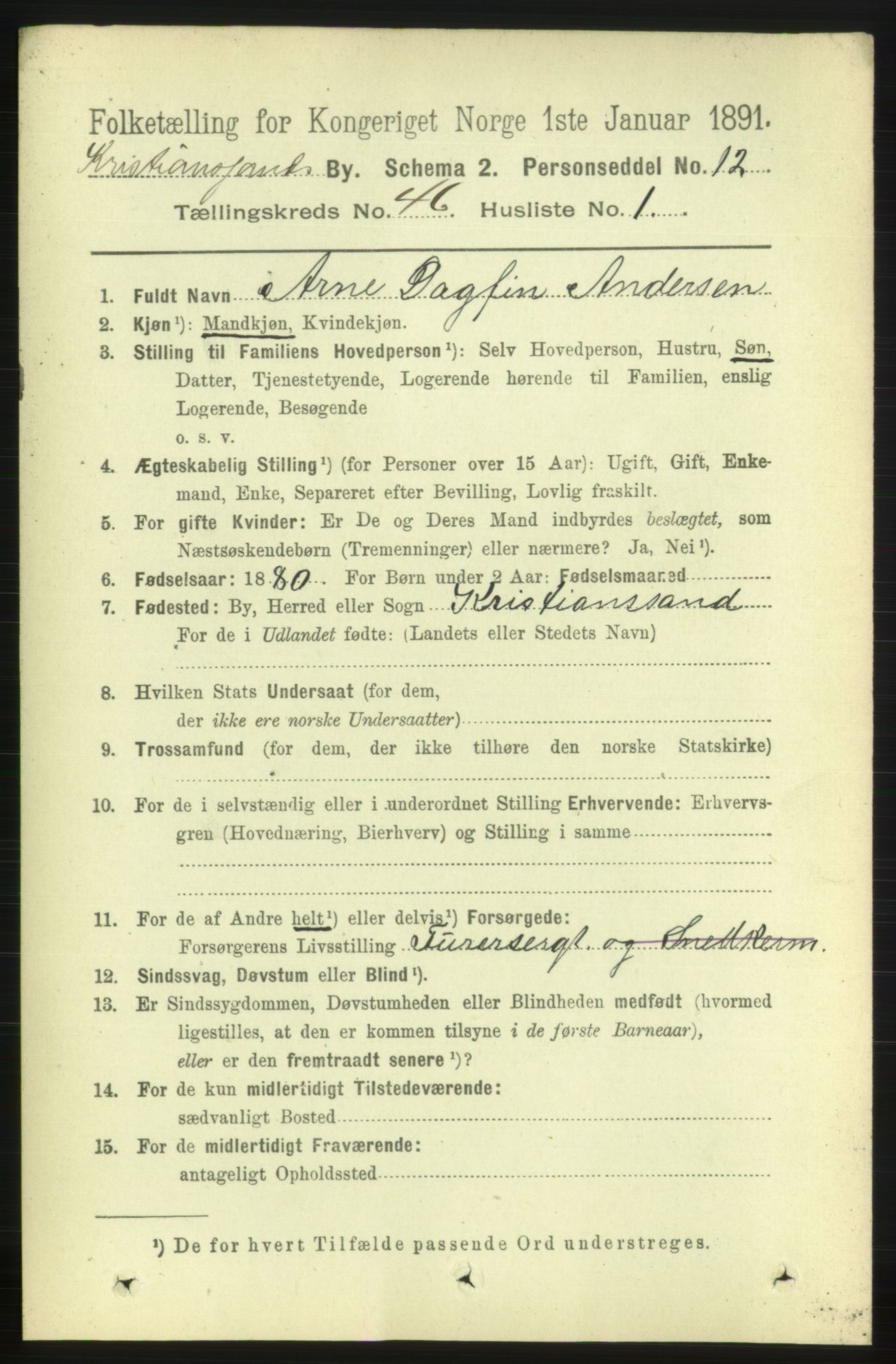 RA, 1891 census for 1001 Kristiansand, 1891, p. 14011