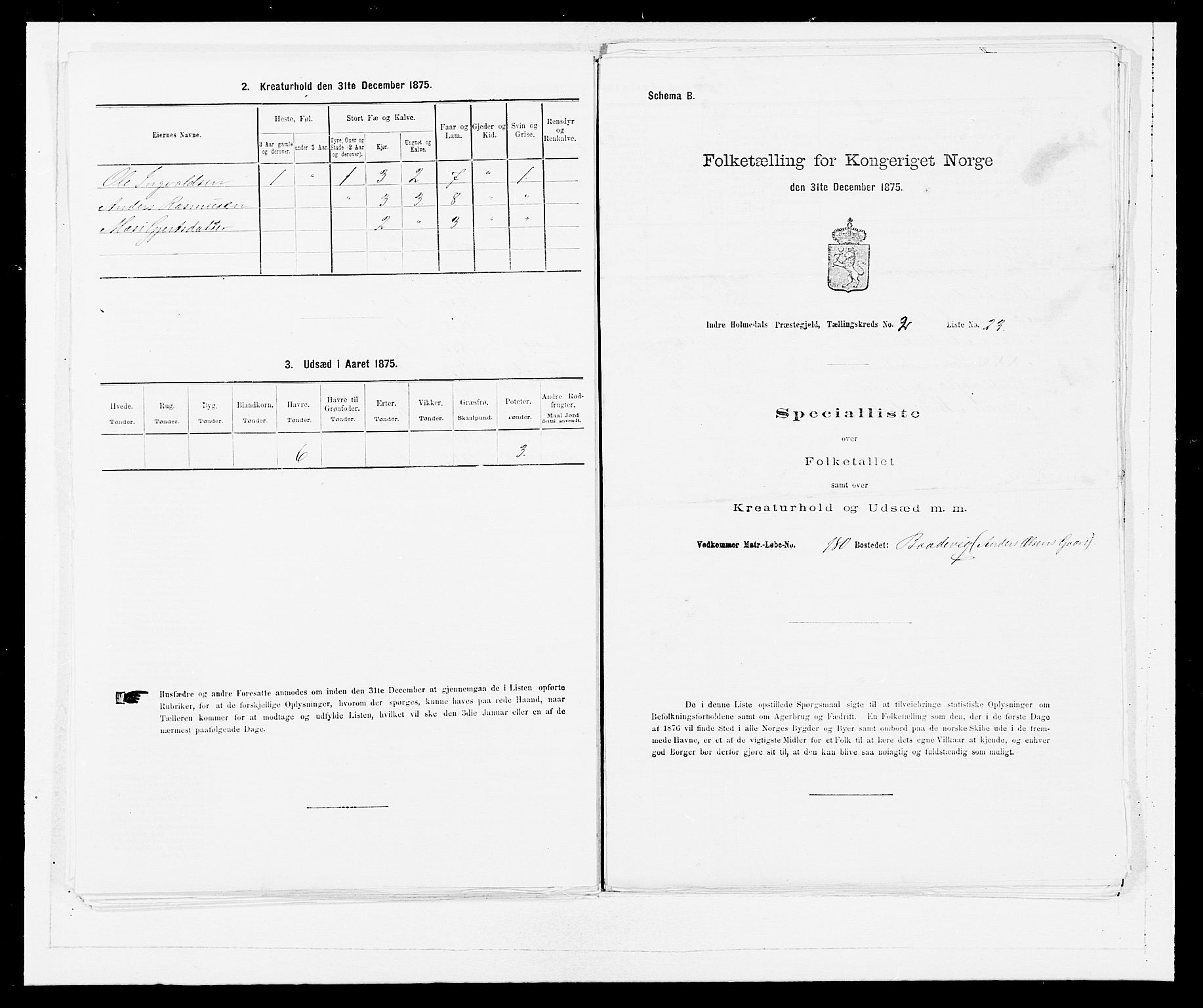 SAB, 1875 census for 1430P Indre Holmedal, 1875, p. 213