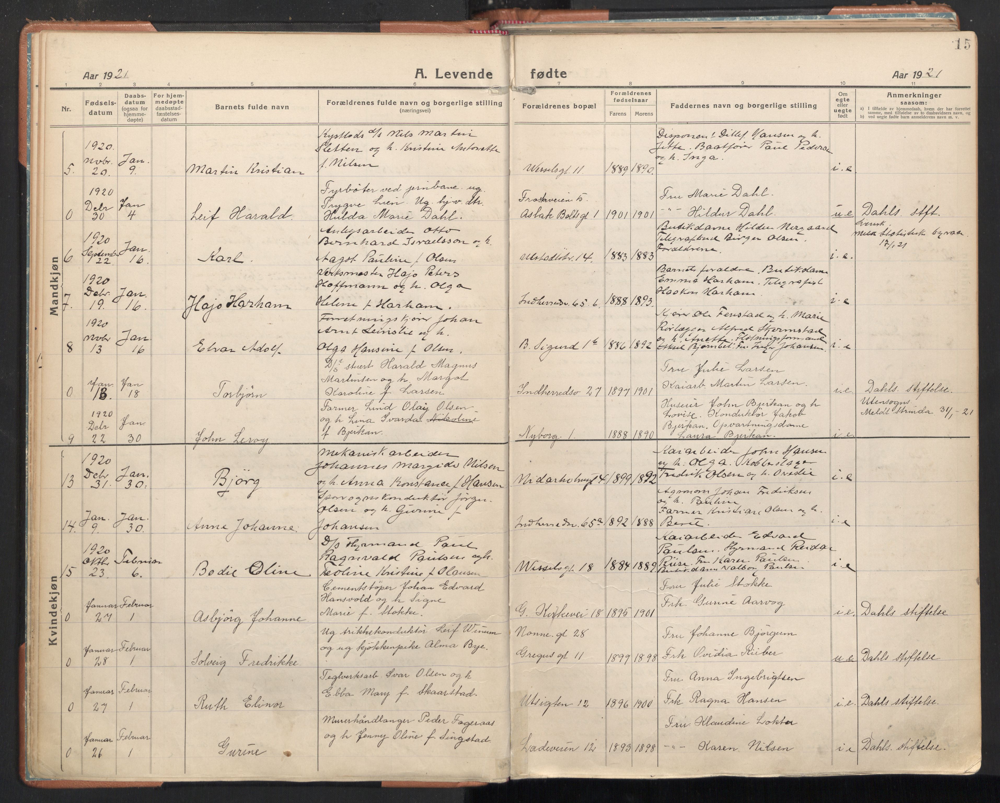 Ministerialprotokoller, klokkerbøker og fødselsregistre - Sør-Trøndelag, SAT/A-1456/605/L0248: Parish register (official) no. 605A10, 1920-1937, p. 15