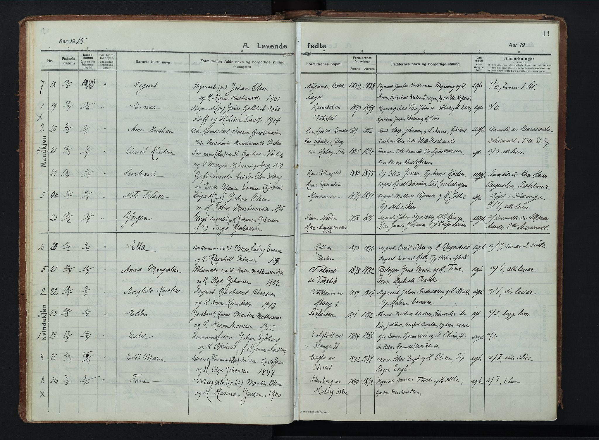 Stange prestekontor, AV/SAH-PREST-002/K/L0028: Parish register (official) no. 28, 1913-1932, p. 11