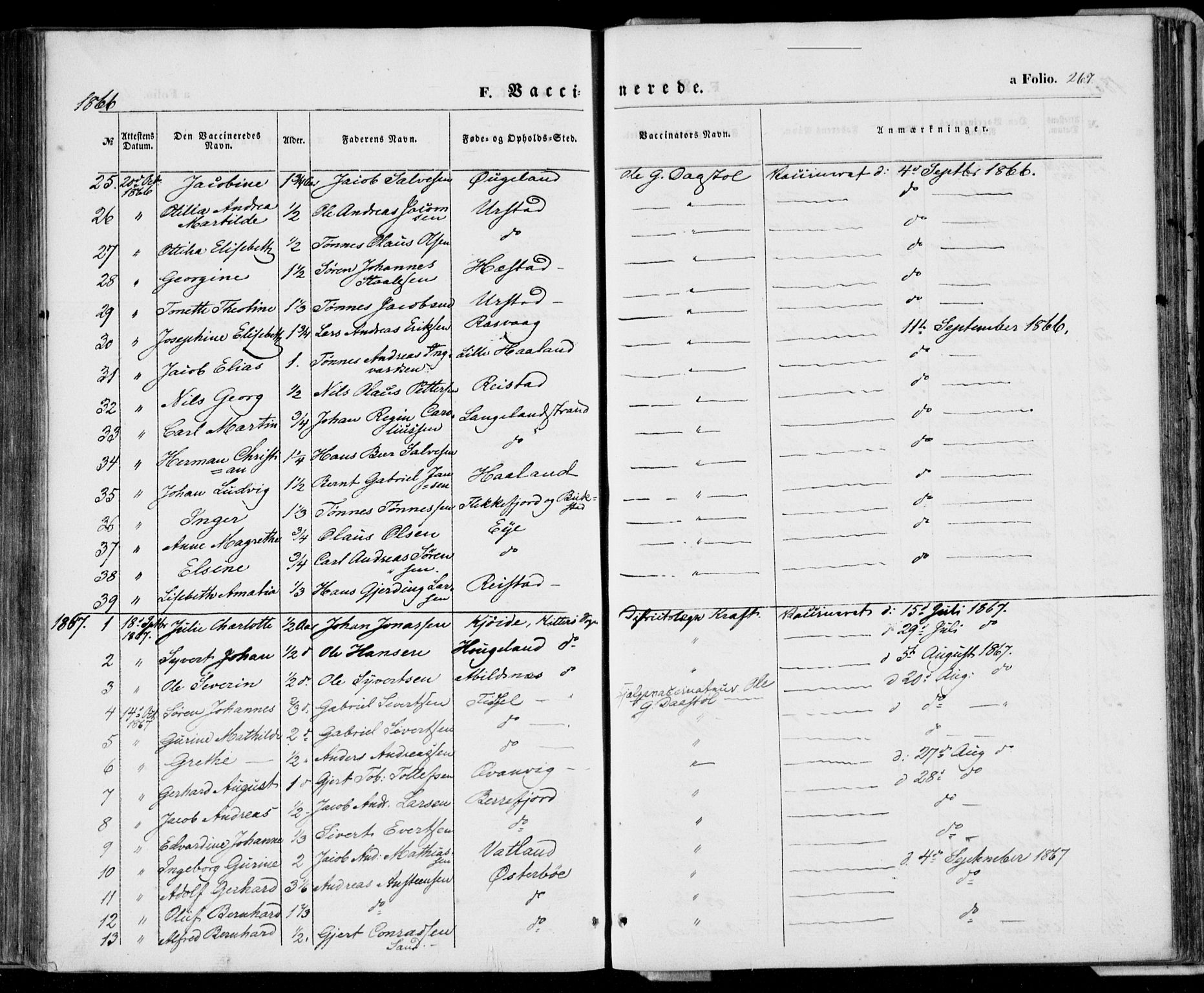 Flekkefjord sokneprestkontor, SAK/1111-0012/F/Fa/Fab/L0004: Parish register (official) no. A 4, 1850-1875, p. 267