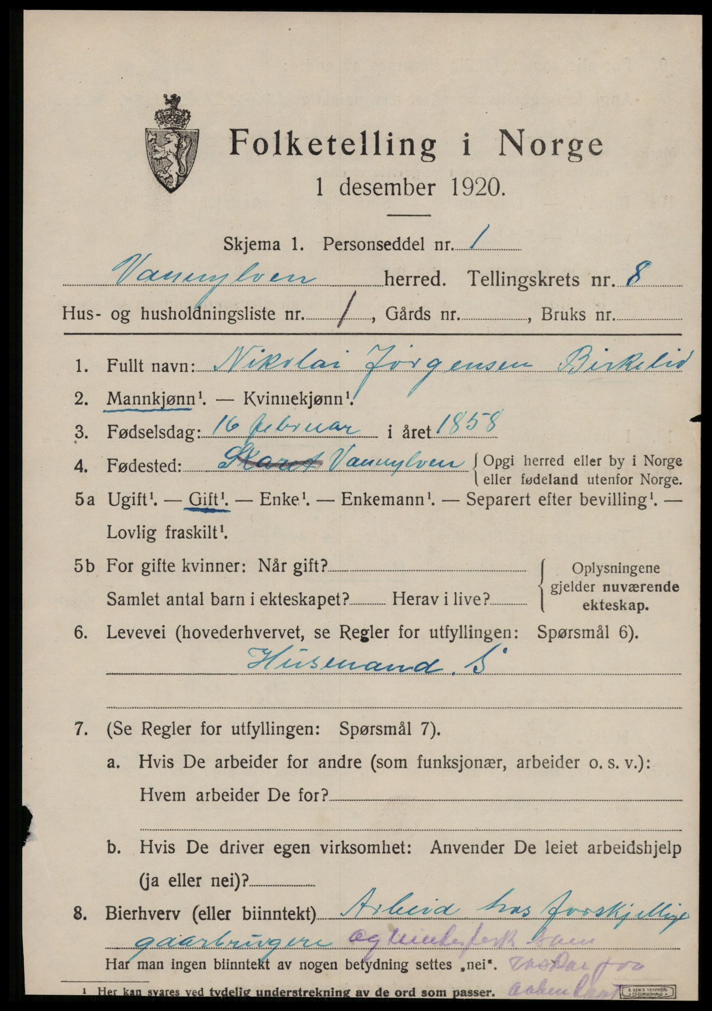 SAT, 1920 census for Vanylven, 1920, p. 4295