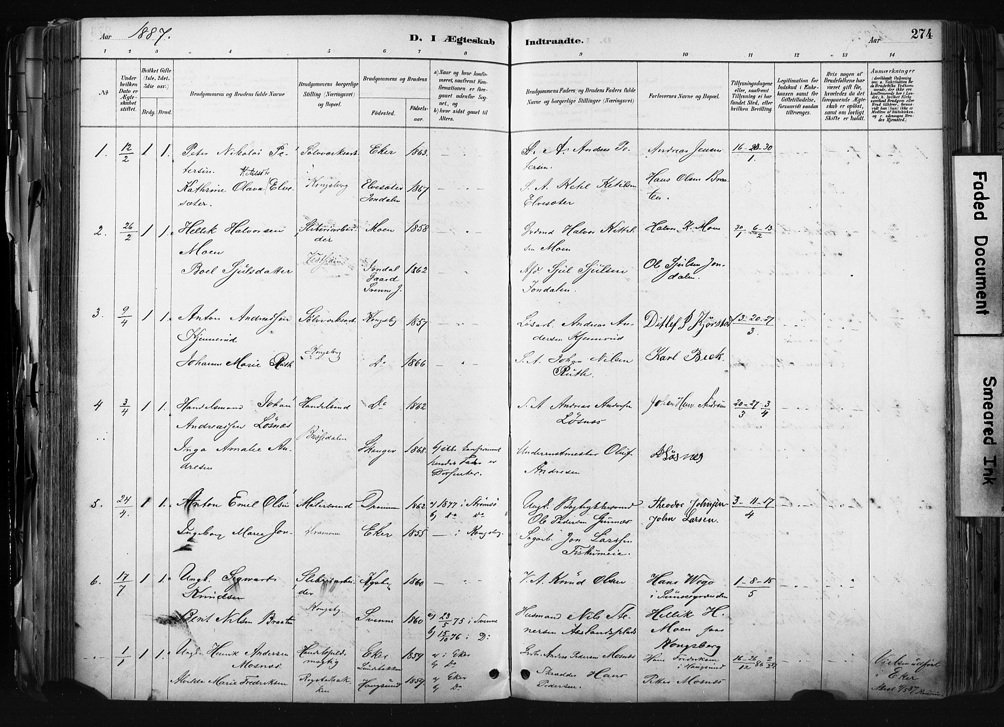Kongsberg kirkebøker, SAKO/A-22/F/Fb/L0002: Parish register (official) no. II 2, 1886-1896, p. 274