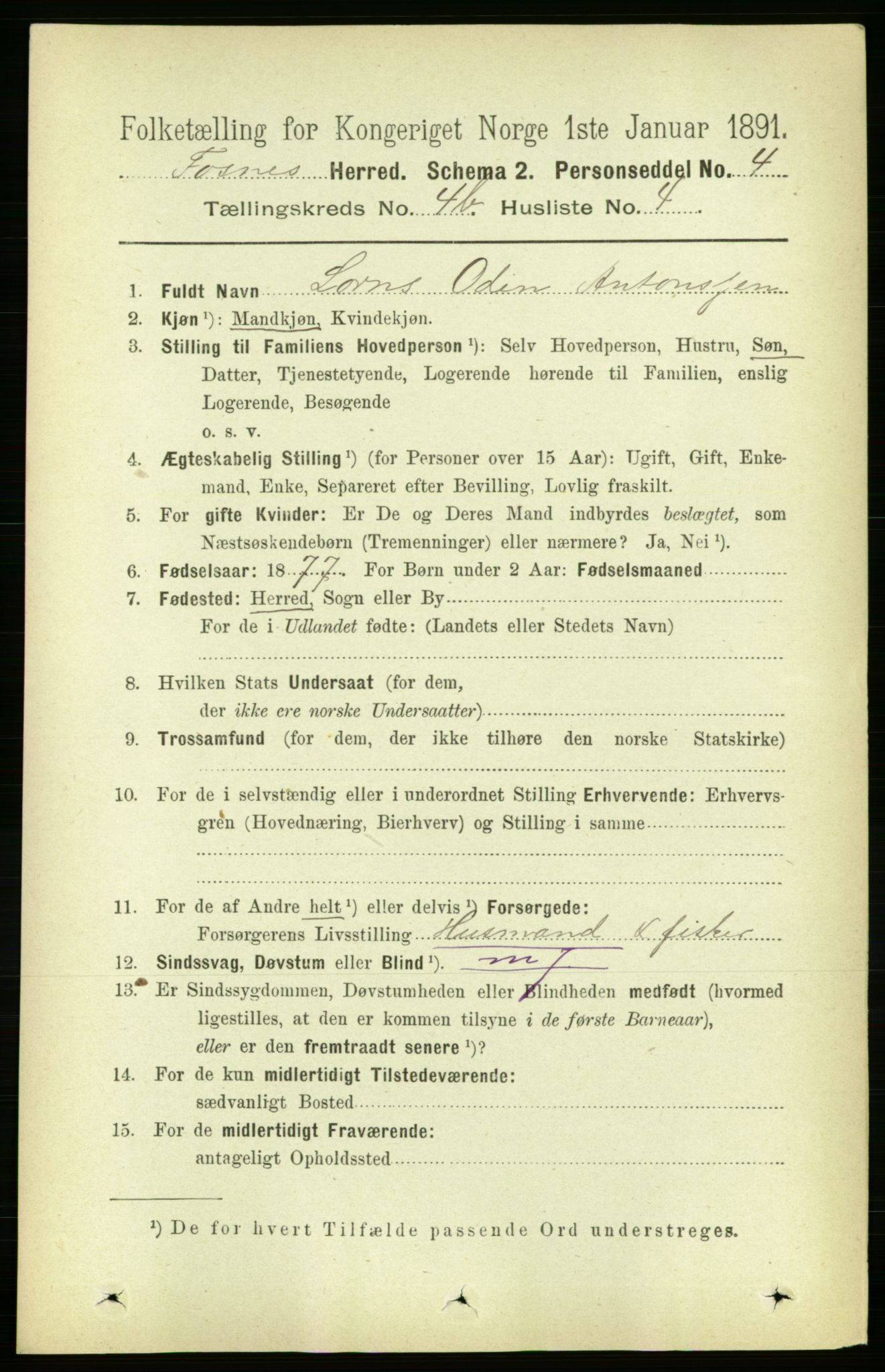 RA, 1891 census for 1748 Fosnes, 1891, p. 1733