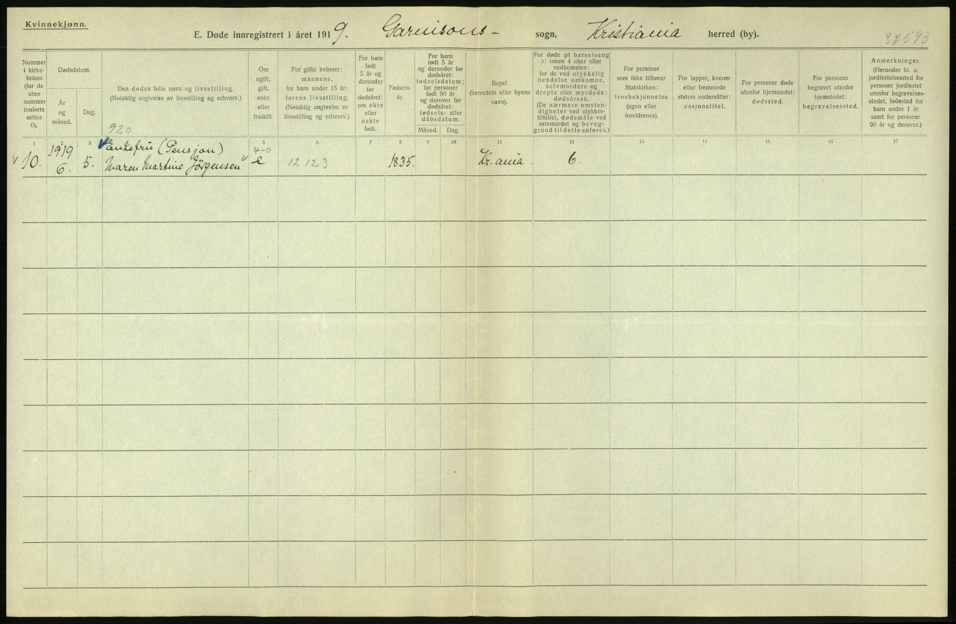 Statistisk sentralbyrå, Sosiodemografiske emner, Befolkning, RA/S-2228/D/Df/Dfb/Dfbi/L0010: Kristiania: Døde, 1919, p. 762