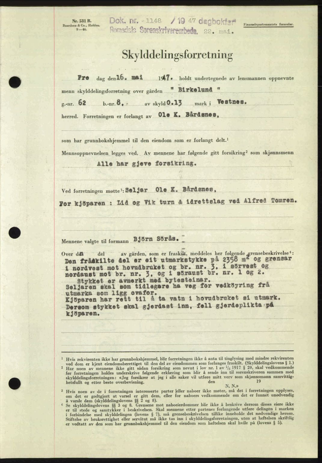 Romsdal sorenskriveri, AV/SAT-A-4149/1/2/2C: Mortgage book no. A23, 1947-1947, Diary no: : 1148/1947