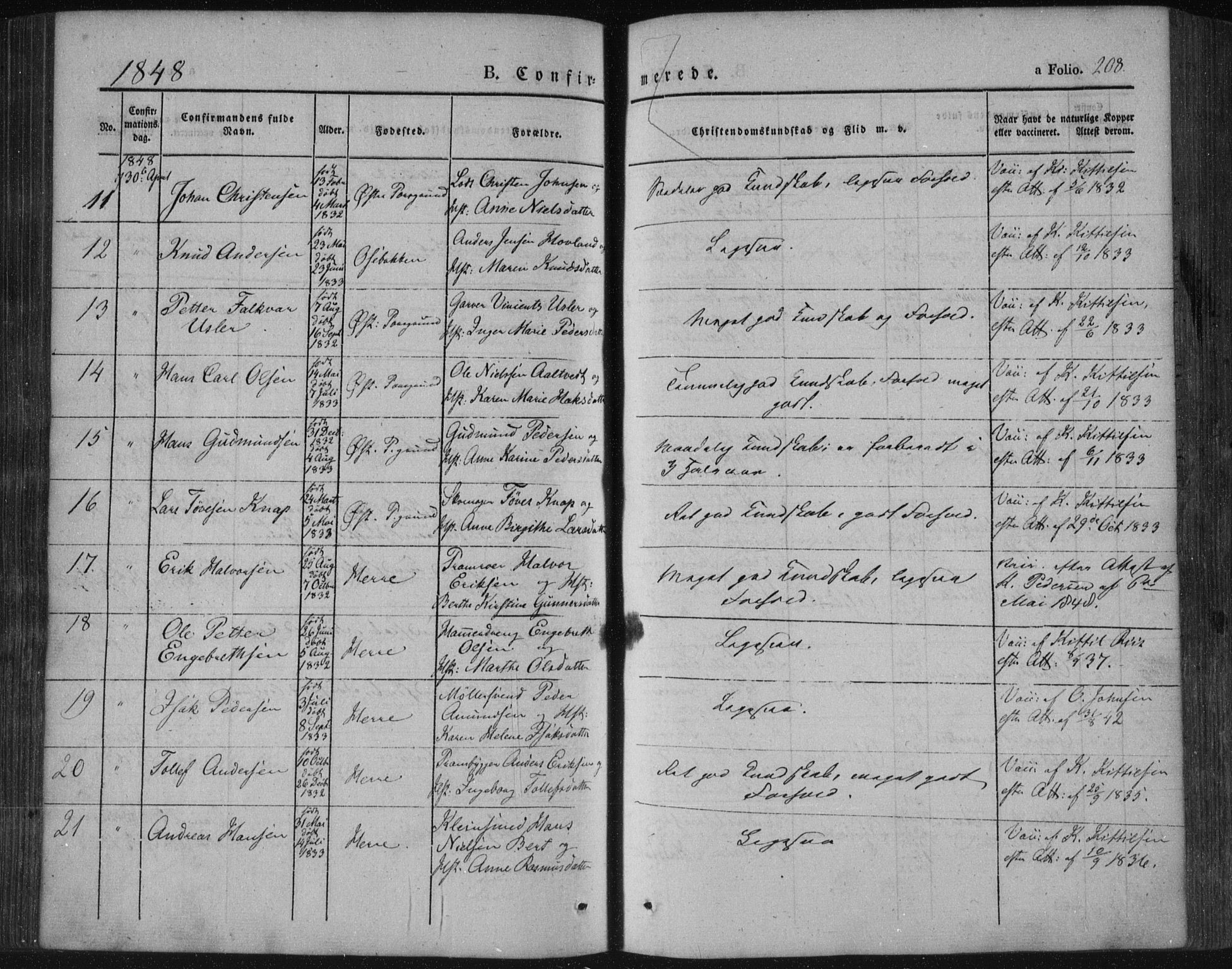 Porsgrunn kirkebøker , SAKO/A-104/F/Fa/L0006: Parish register (official) no. 6, 1841-1857, p. 208