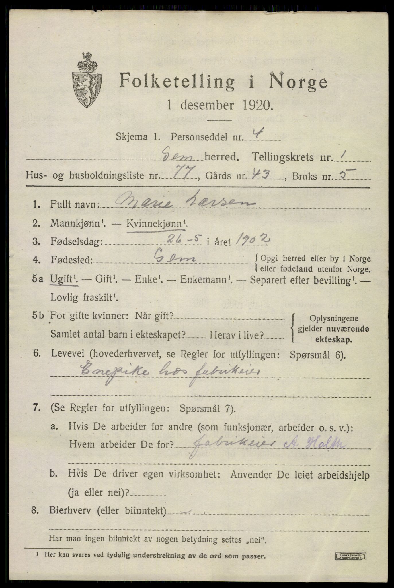 SAKO, 1920 census for Sem, 1920, p. 3613
